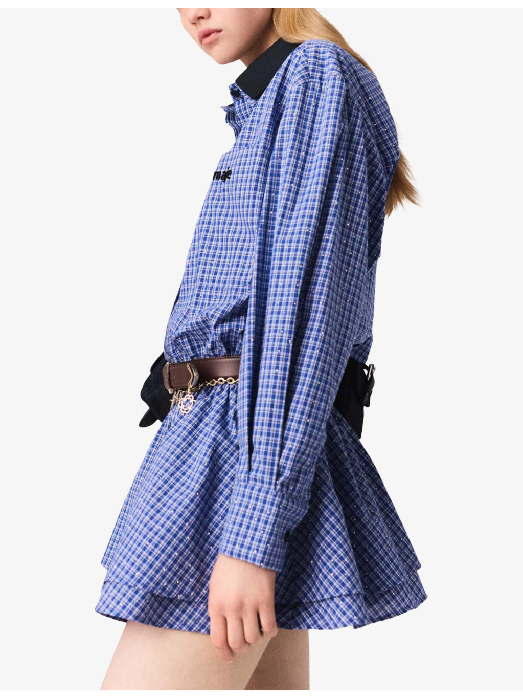 Rhinestone-Embellished Contrast-Collar Cotton Mini Dress - 3