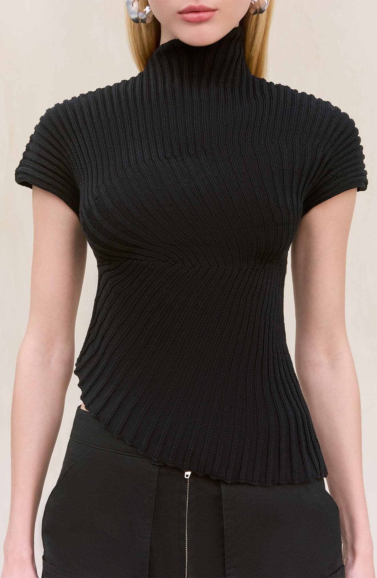Cult Gaia Annemie Cotton Asymmetric Funnel Neck Knit Top in Black at Nordstrom - 4