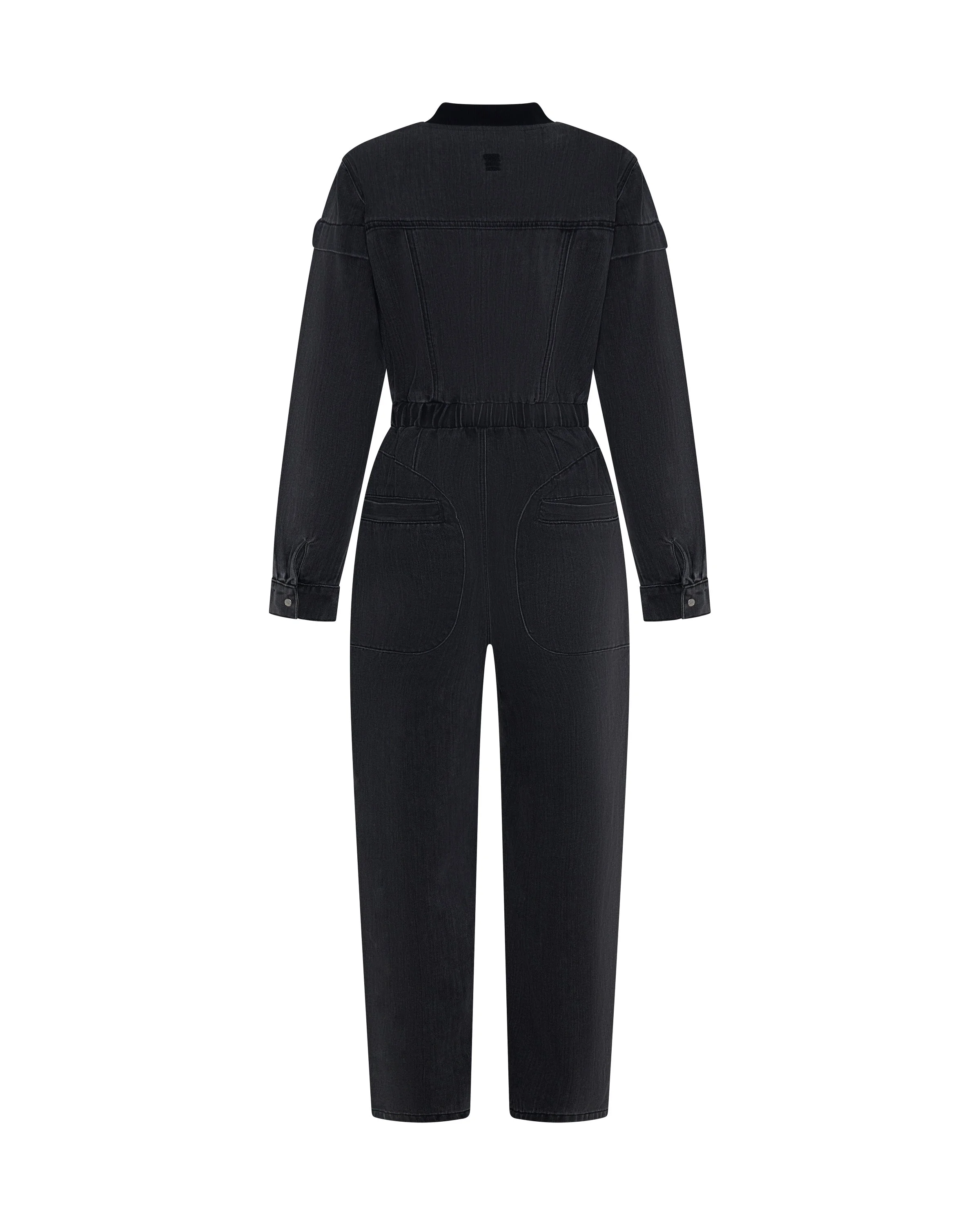 Callie Aviator Longsleeve Studded Denim Jumpsuit - Washed Black - 1