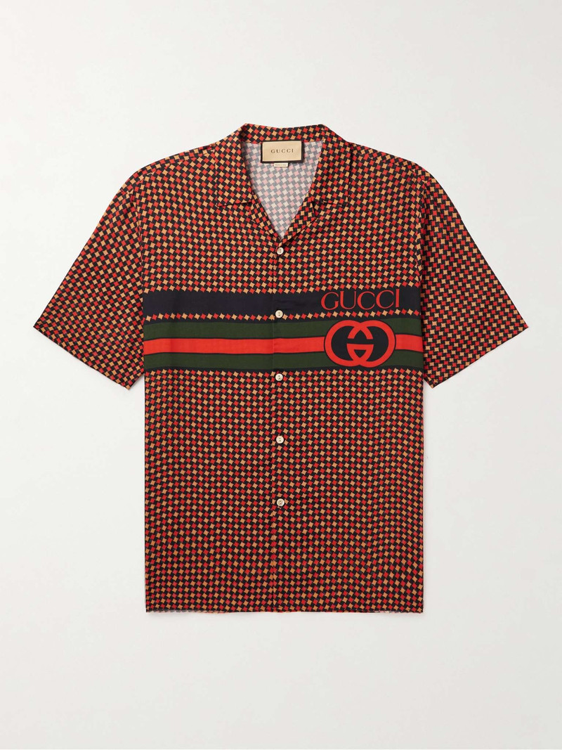 Camp-Collar Printed Striped Silk Shirt 1