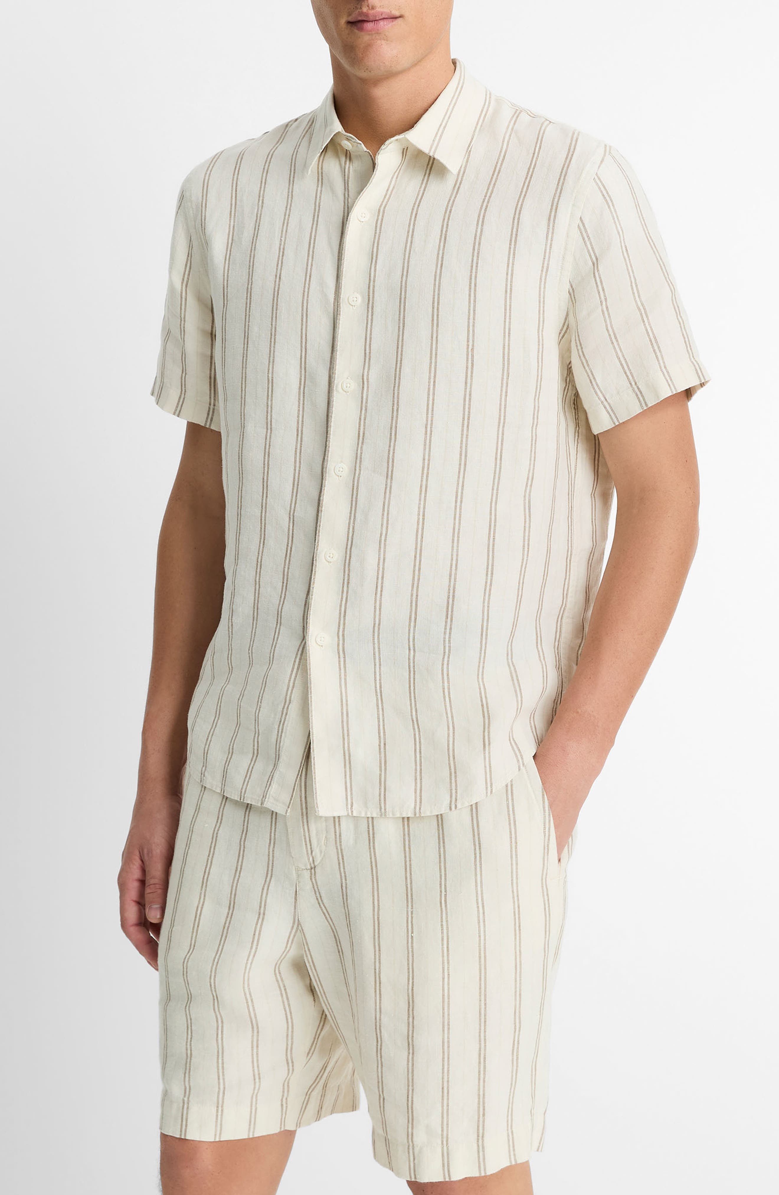 Vince Stripe Classic Fit Short Sleeve Button-Up Shirt in Blanco at Nordstrom - 3