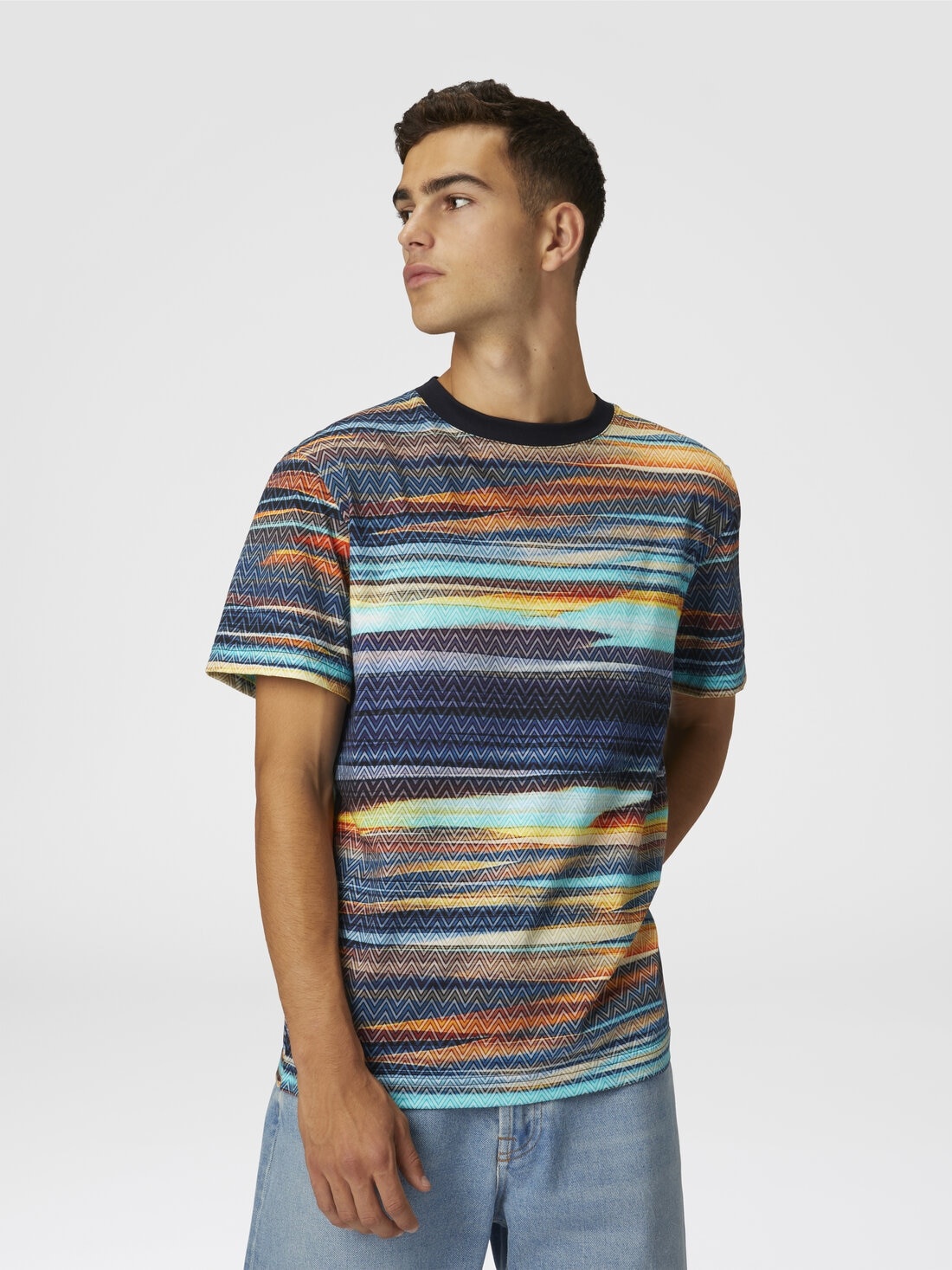 Cotton crewneck T-shirt with slub zigzag print - 4