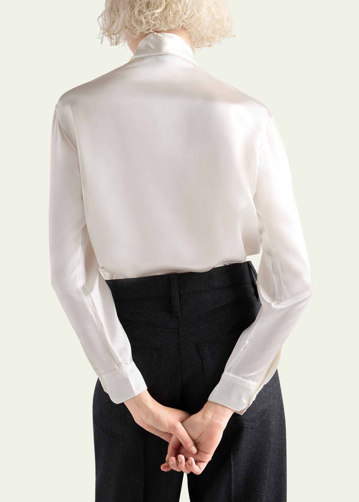 Satin Bow-Neck Button-Down Blouse - 3
