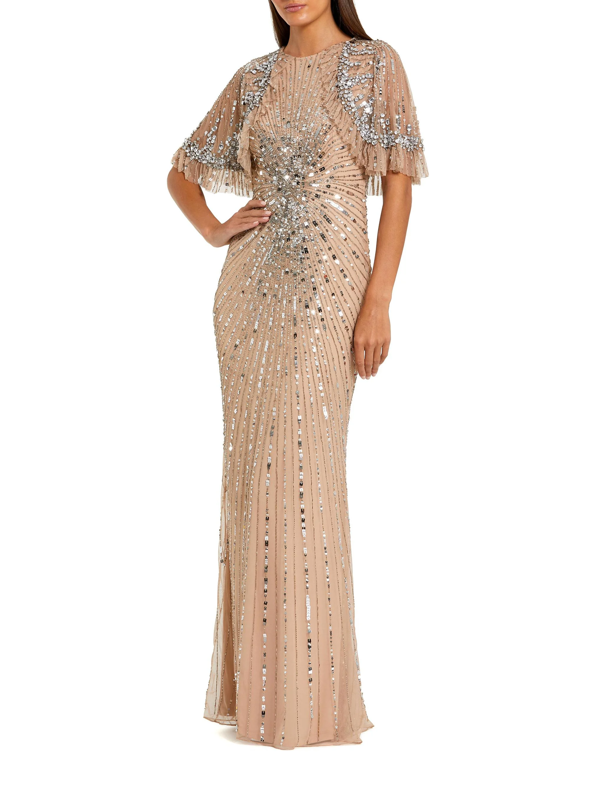 Women's Embellished Tulle Capelet Gown - Beige Silver - 1