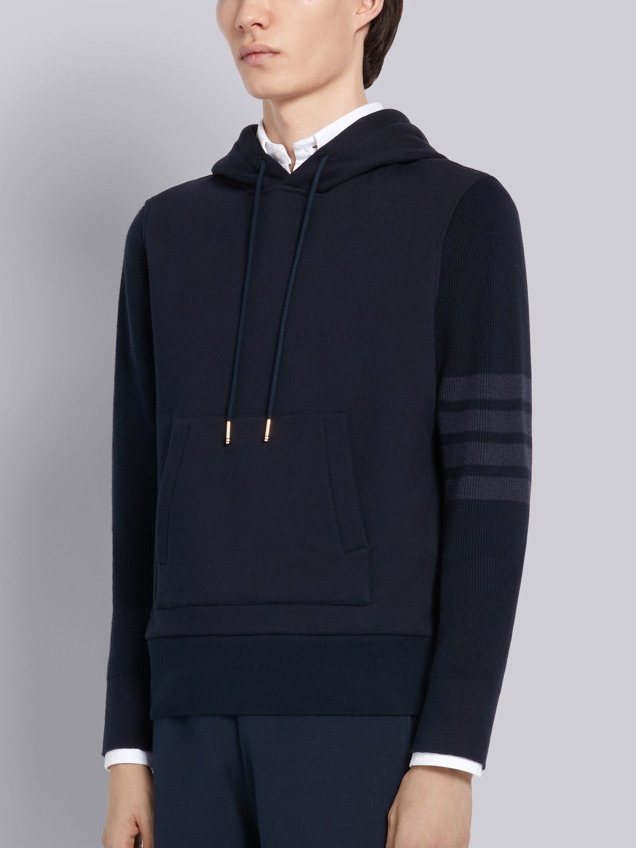 Navy Classic Loopback Ribbed Sleeves 4-Bar Pullover Hoodie - 3