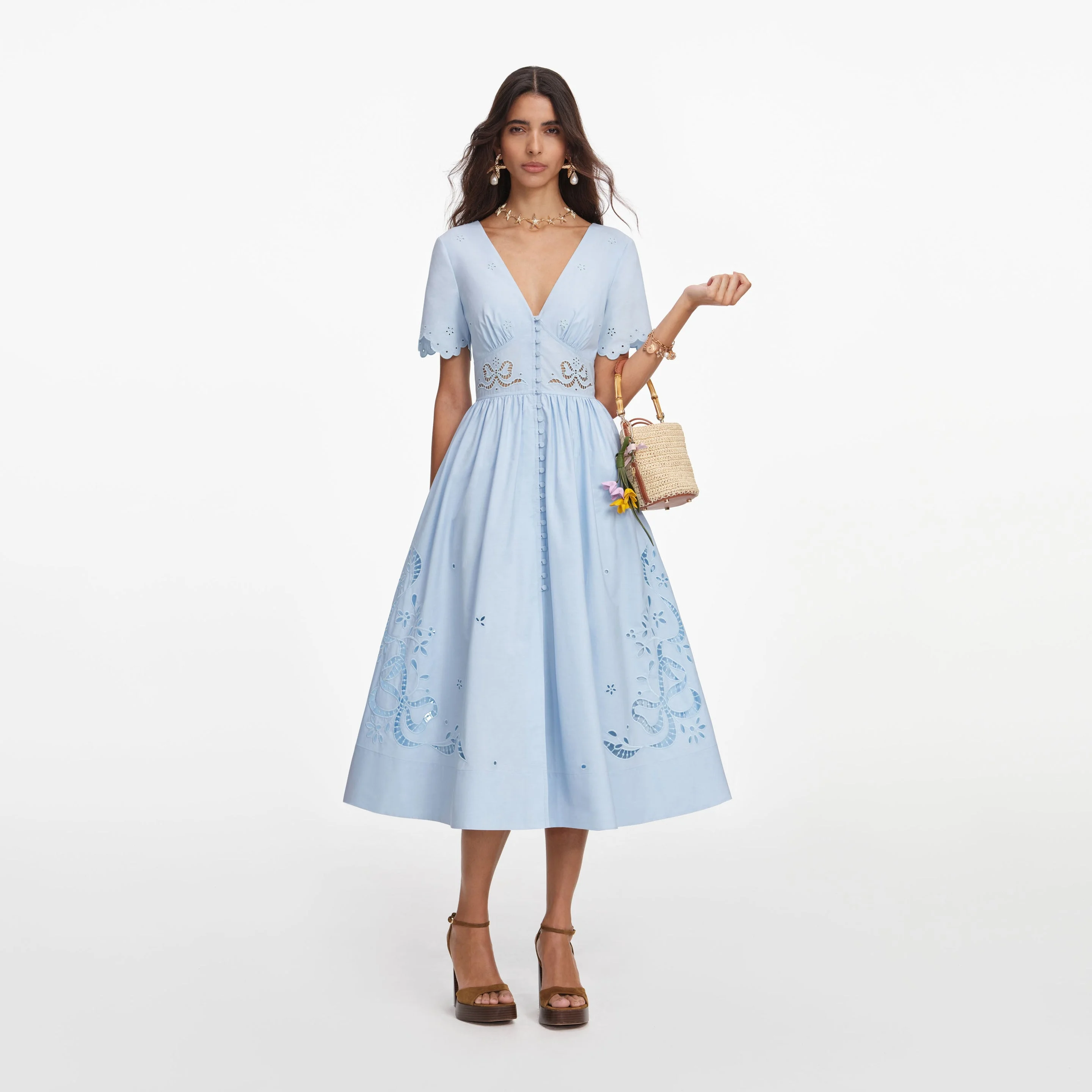 Blue Cotton Embroidered Midi Dress - 1