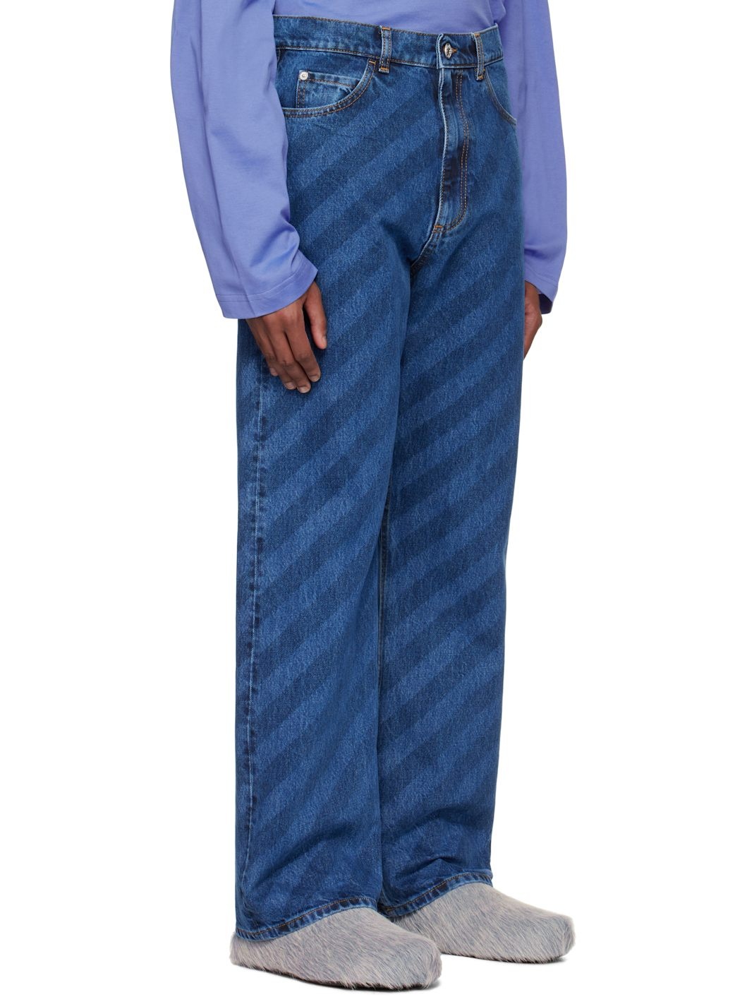 Blue Wide Leg Diagonal Stripe Jeans - 2