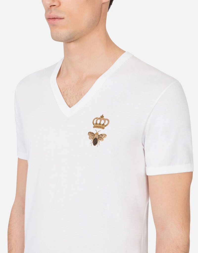 V-neck cotton t-shirt with bee and crown embroidery 4