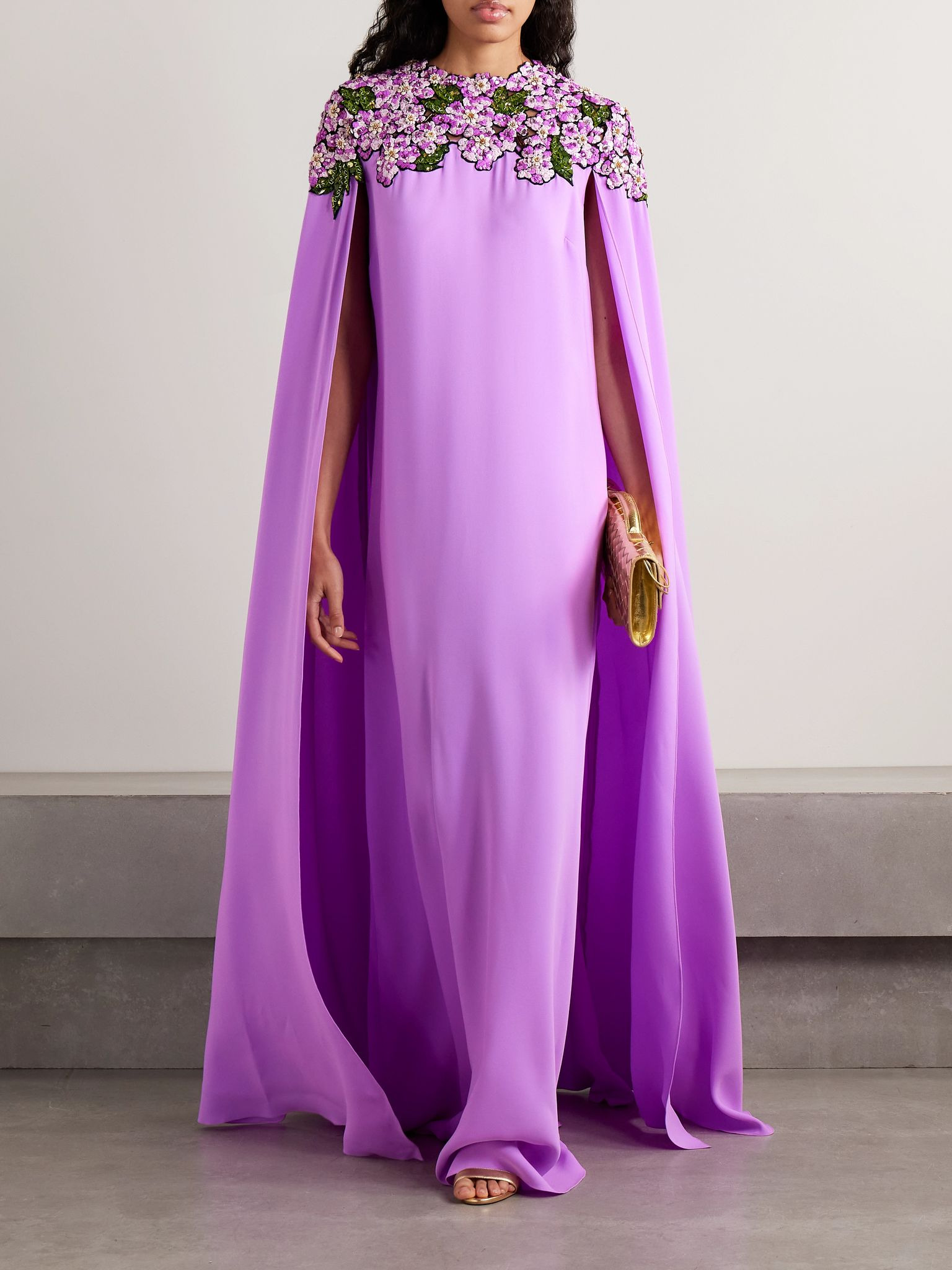 Cape-effect appliquéd embellished crepe gown Purple - 2