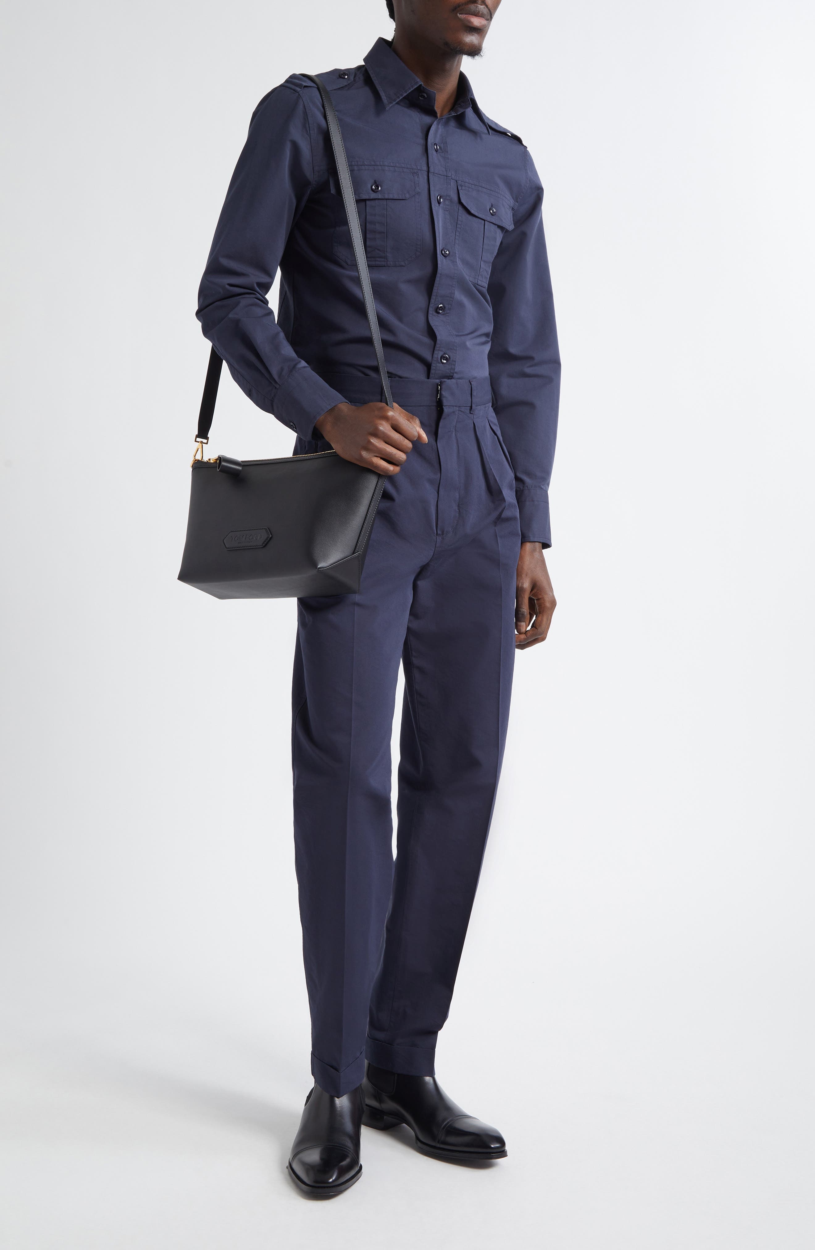TOM FORD Fluid Double Pleat Cotton & Silk Poplin Pants in Navy at Nordstrom - 2