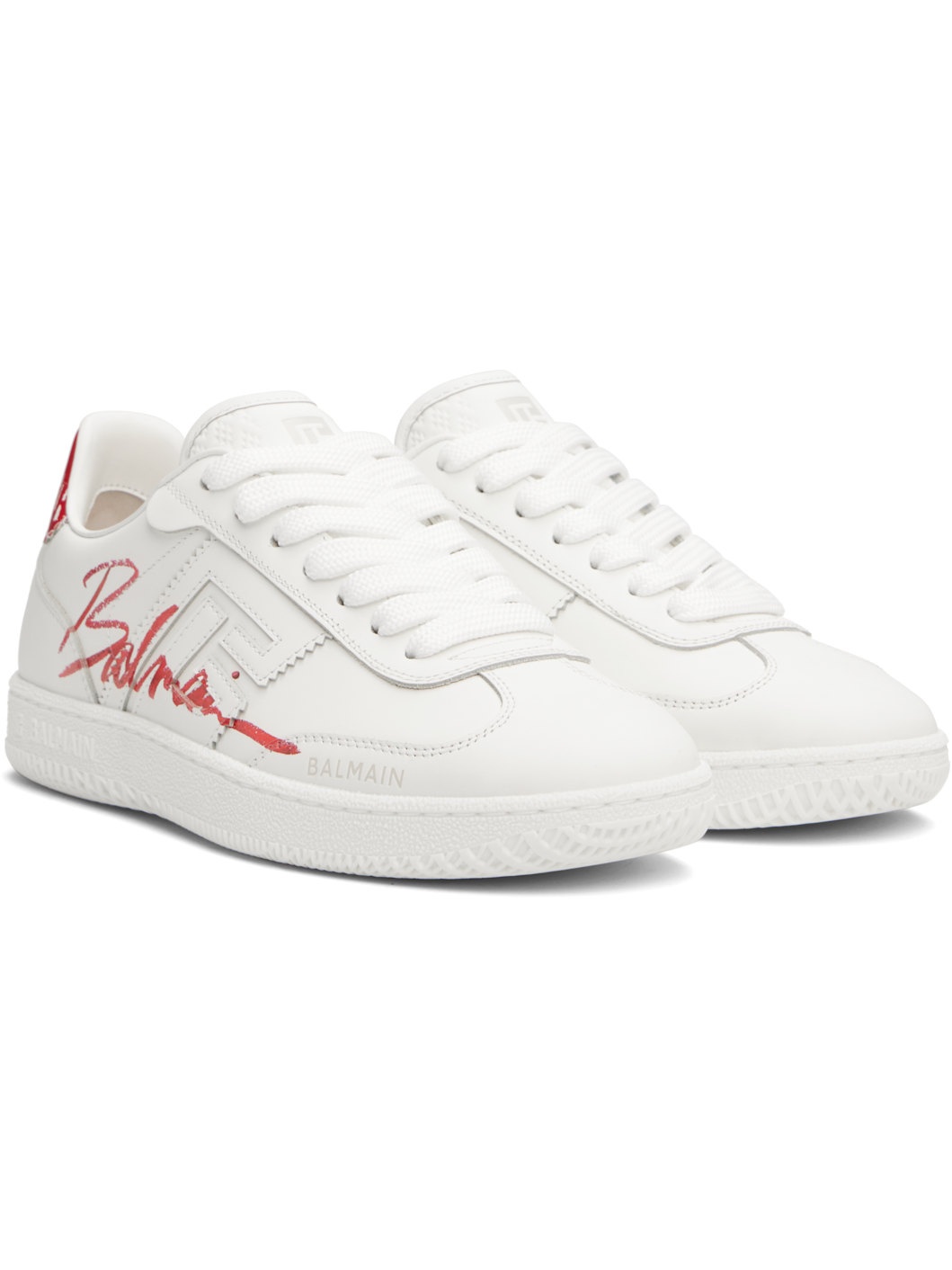 White & Red Leather 'Balmain' Swan Lipstick Sneakers - 4