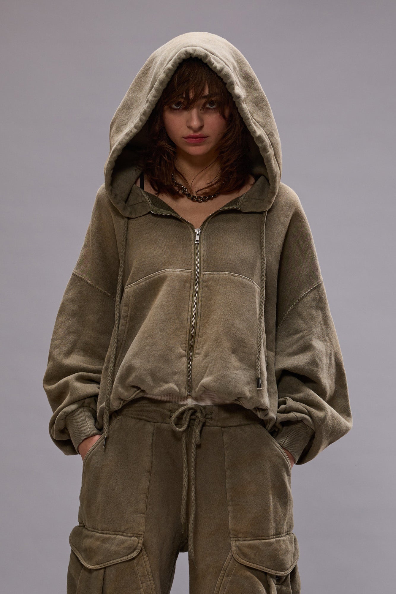 BALLOON ZIP-UP HOODIE - FADED OLIVE - 4