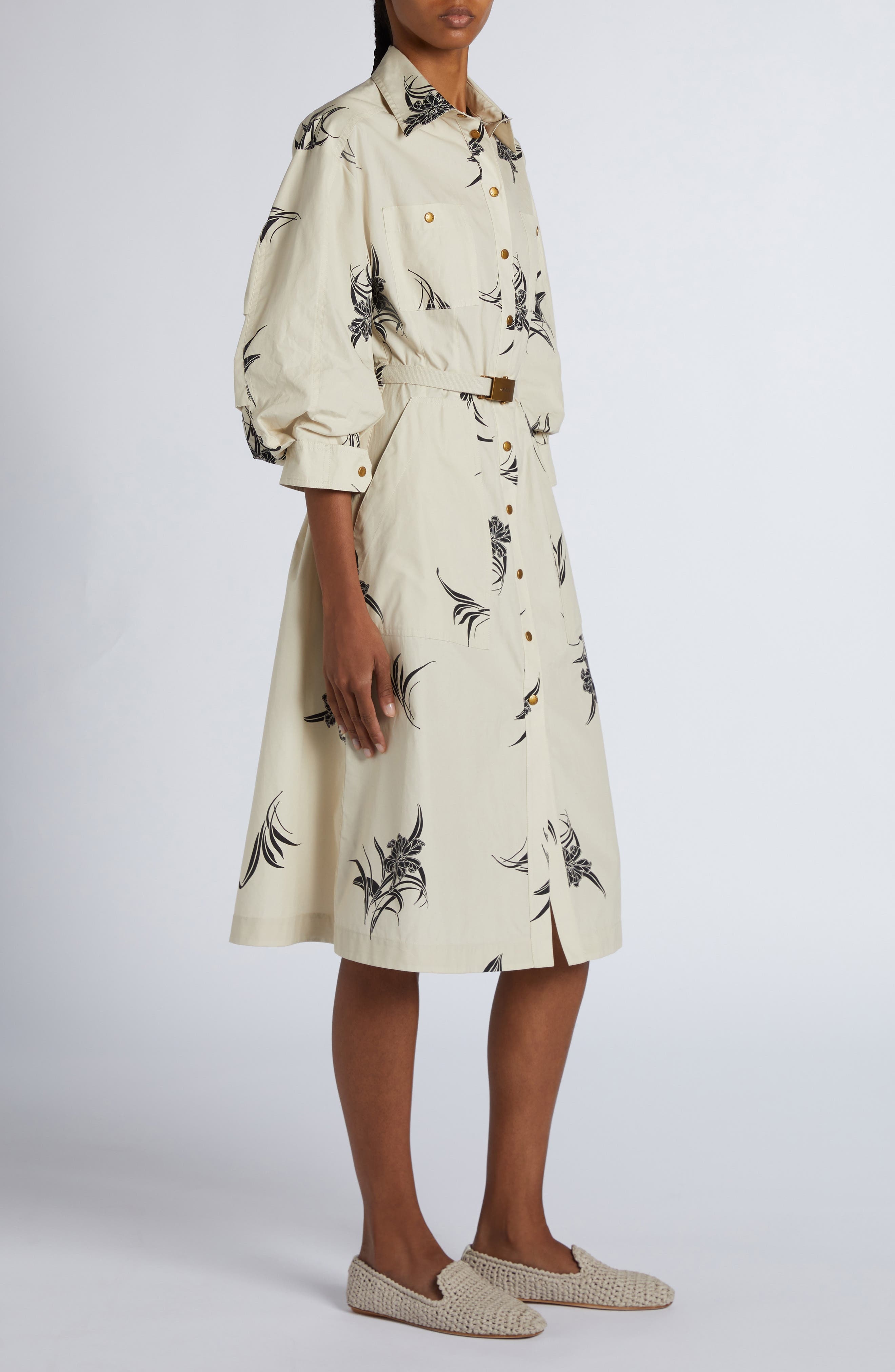 Moncler Floral Print Cotton Belted Shirtdress in Light Beige Print at Nordstrom - 4