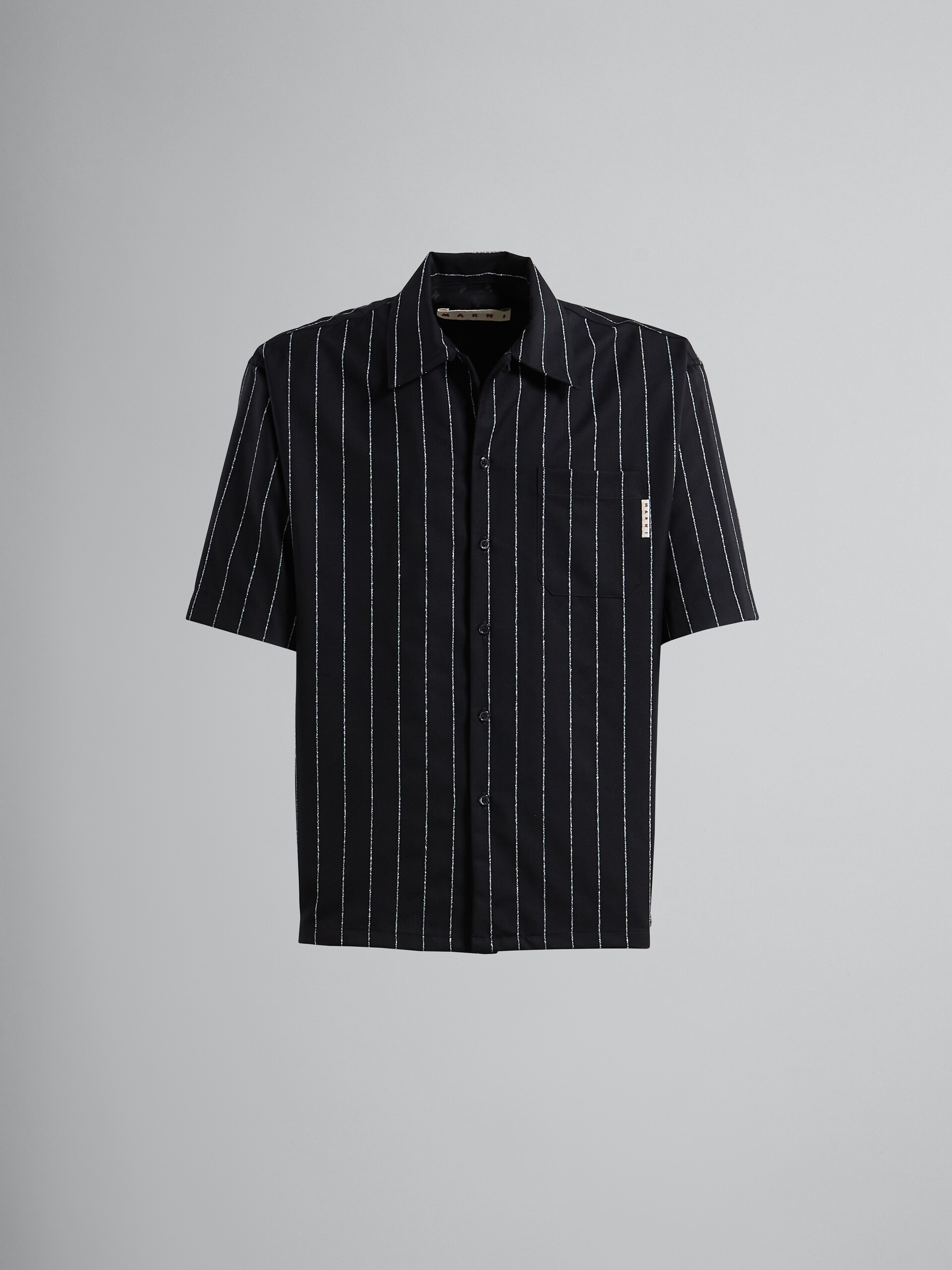 BLACK PINSTRIPED FRESCO WOOL BOWLING SHIRT - 1