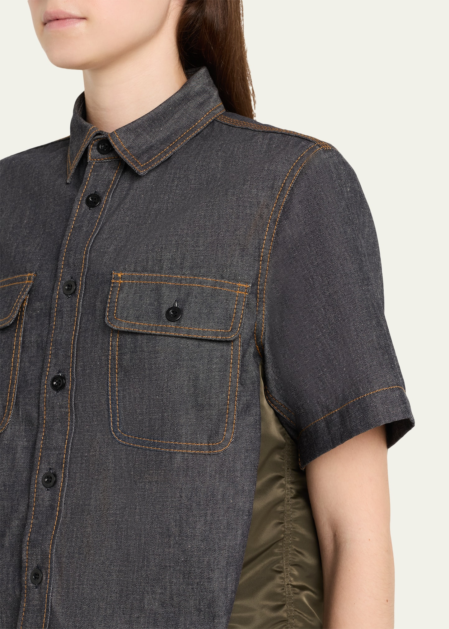 Denim Nylon Hybrid Short-Sleeve Shirt - 5