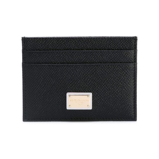 Black leather card holder with gold logo plaque - 1