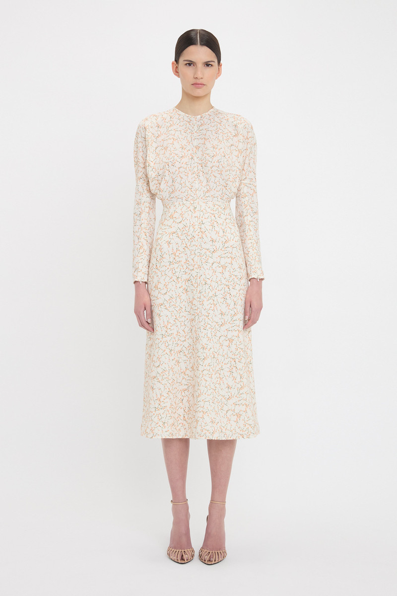 Victoria Beckham Long Sleeve Dolman Midi Dress In Floral Ovation Peach outlook