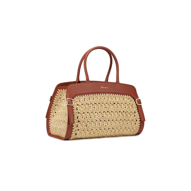 Brown leather and raffia handbag 1