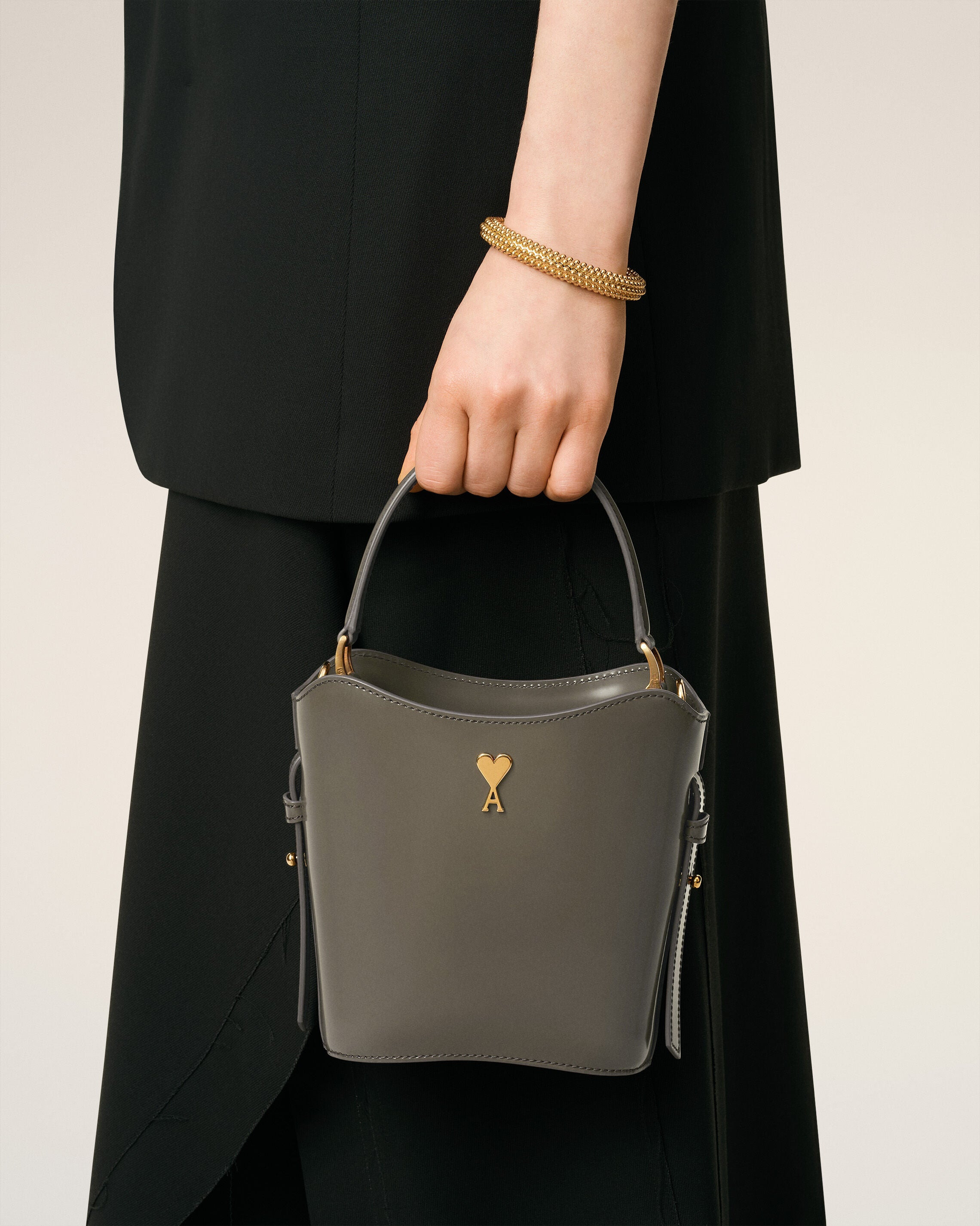 GREY GLAZED LEATHER MINI PARIS PARIS BUCKET BAG - 2