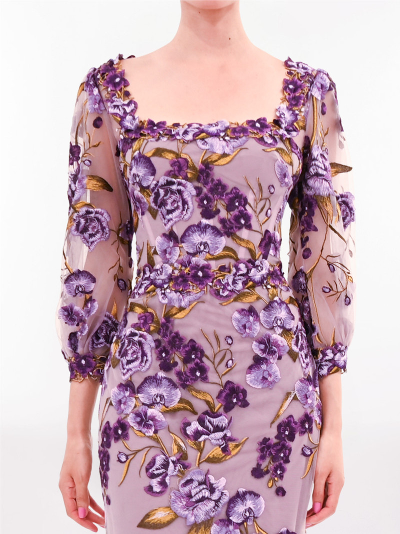 Marchesa BRONIX BOTANICALS LONG SLEEVE MIDI DRESS outlook