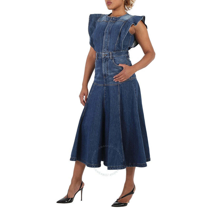 Chloe Ladies Dusky Blue Ruffled Pleated Denim Dress - 5