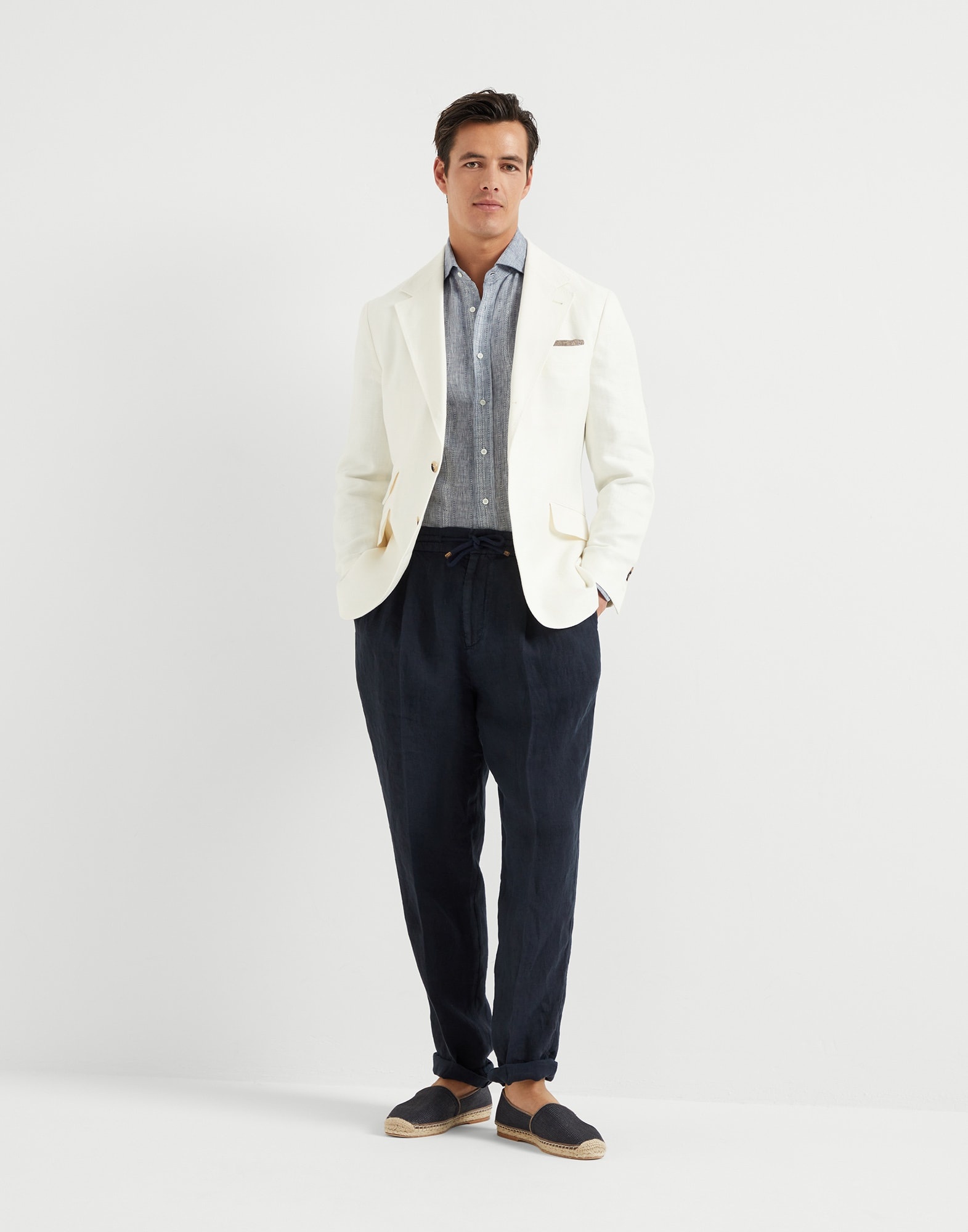Jacquard stripe linen easy fit shirt with spread collar - 5