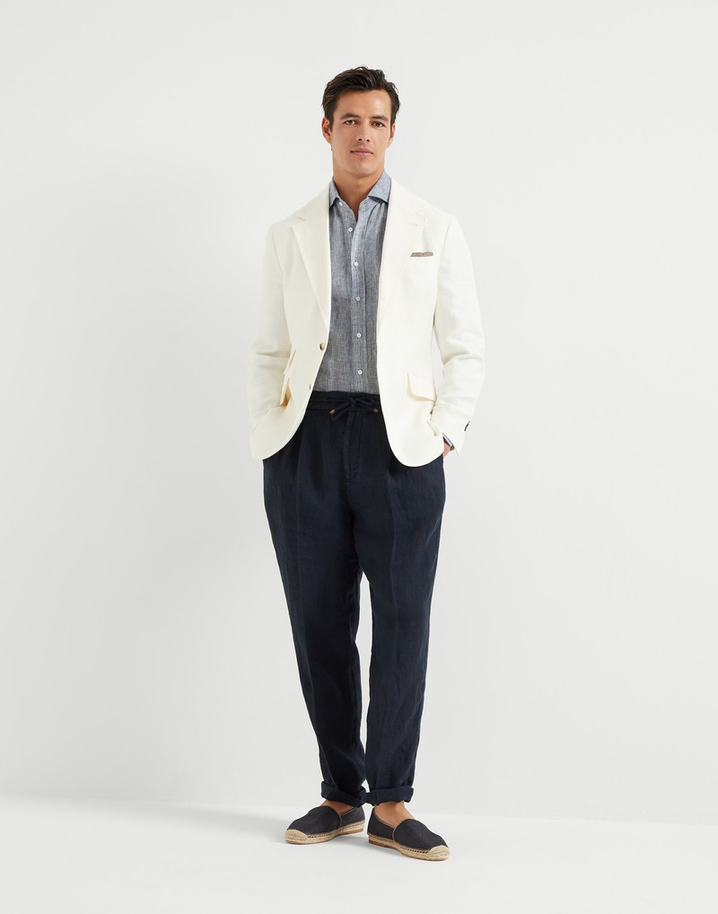 Jacquard stripe linen easy fit shirt with spread collar 5