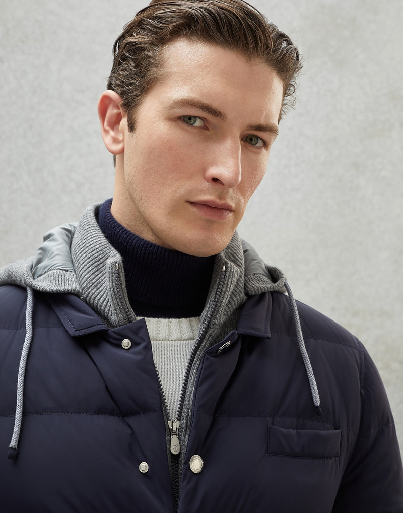 Bonded nylon blazer-style down jacket with knitted bib and detachable hood 3