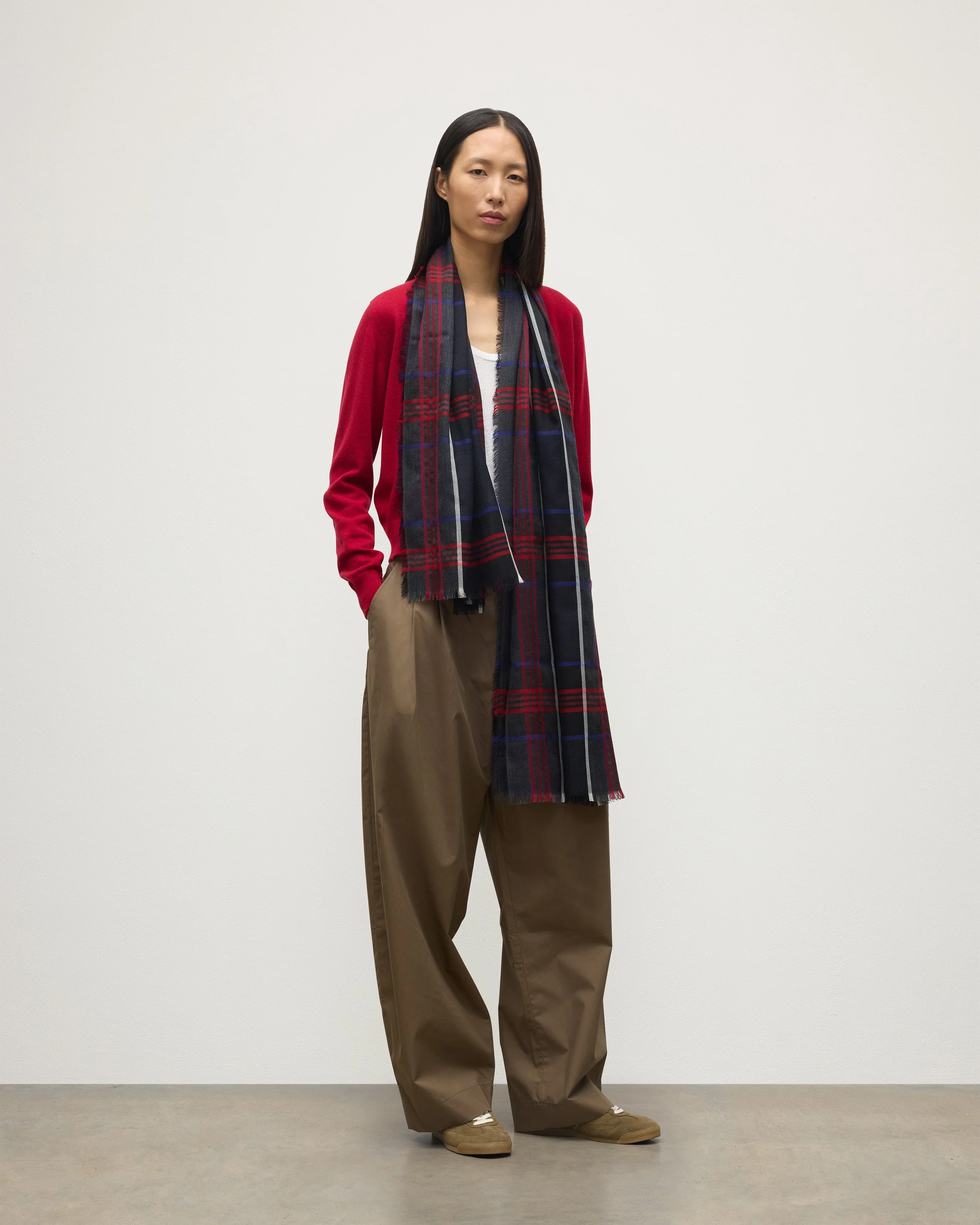 Orton Navy Crammed Tartan Cashmere Scarf - 1