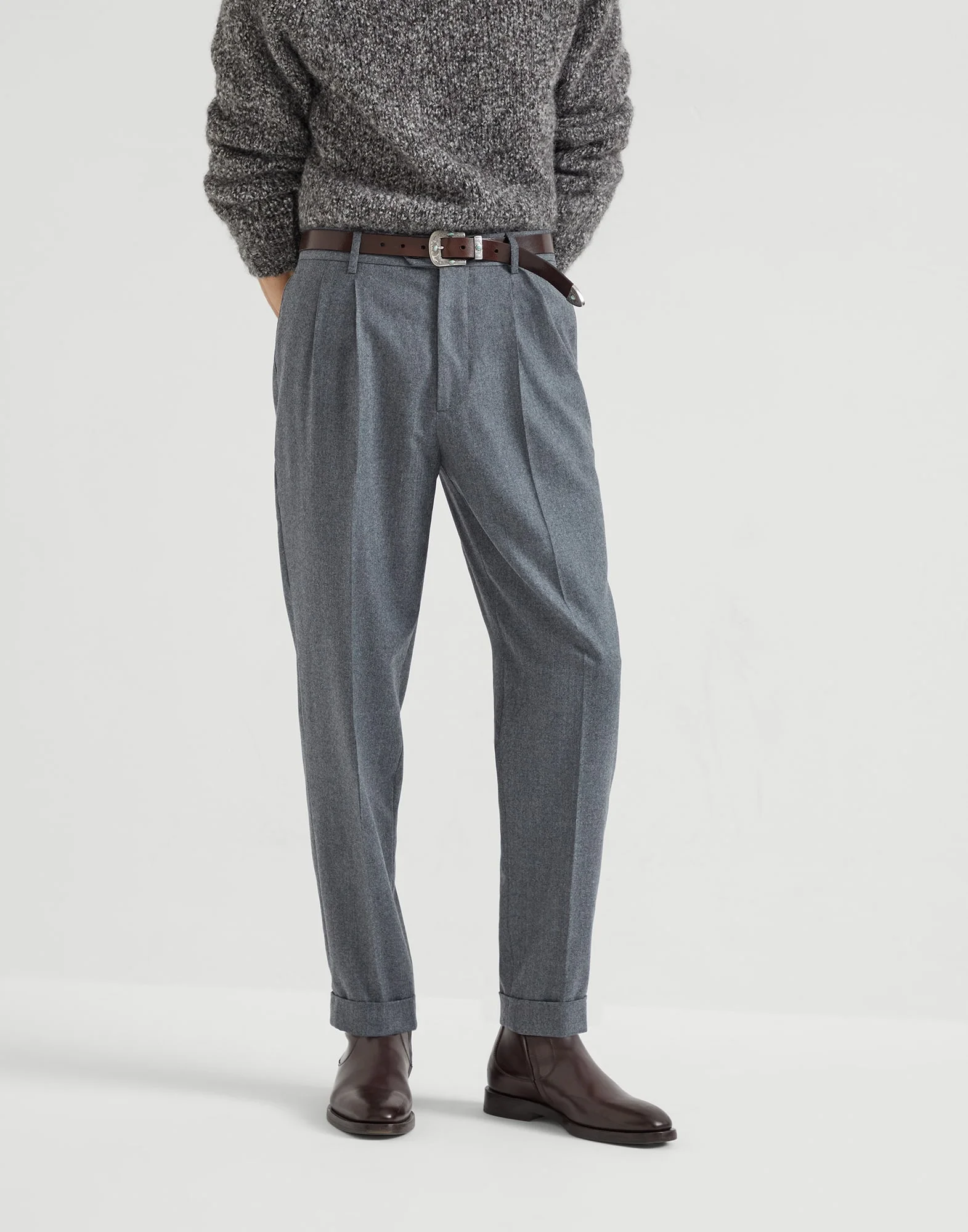 Virgin wool flannel leisure fit trousers with double pleats - 1