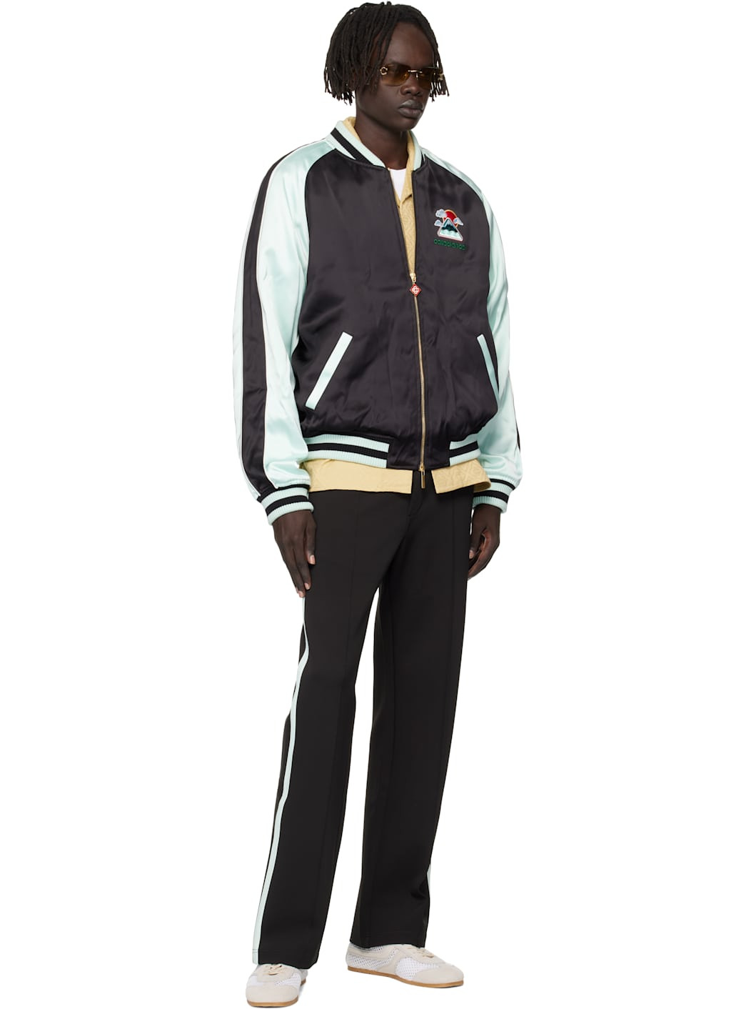Green & Black Embroidered Satin Bomber Jacket - 4
