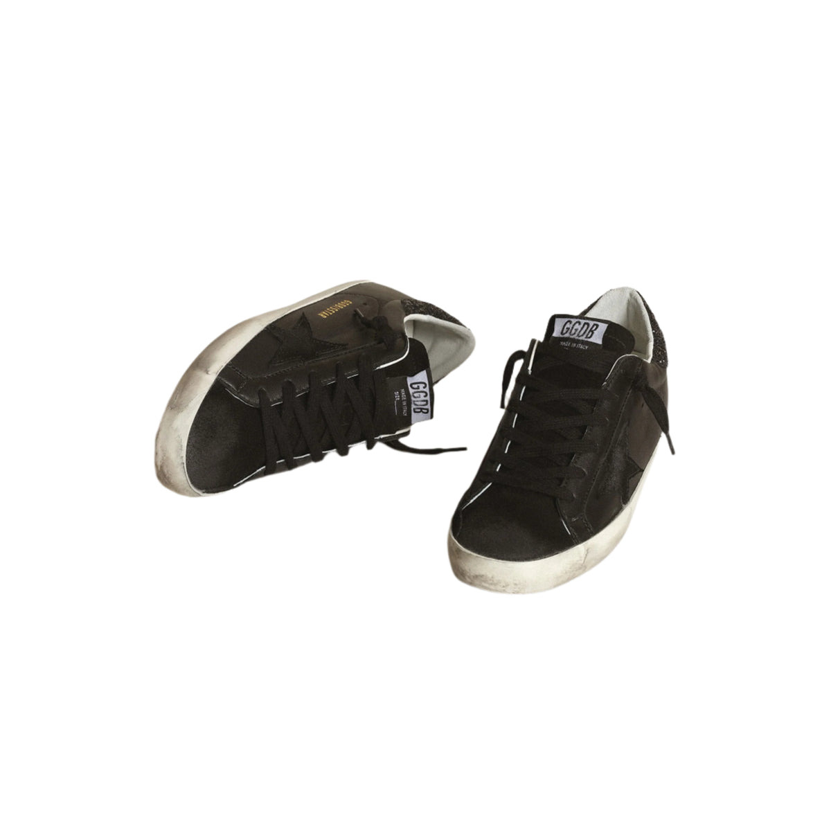 WOMEN'S SUPER-STAR NAPPA LEATHER SNEAKERS W/GLITTER STAR (BLACK) - 2