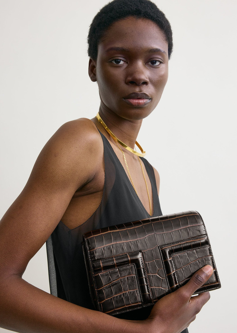 Mini T-flap croco-embossed bag dark brown 3