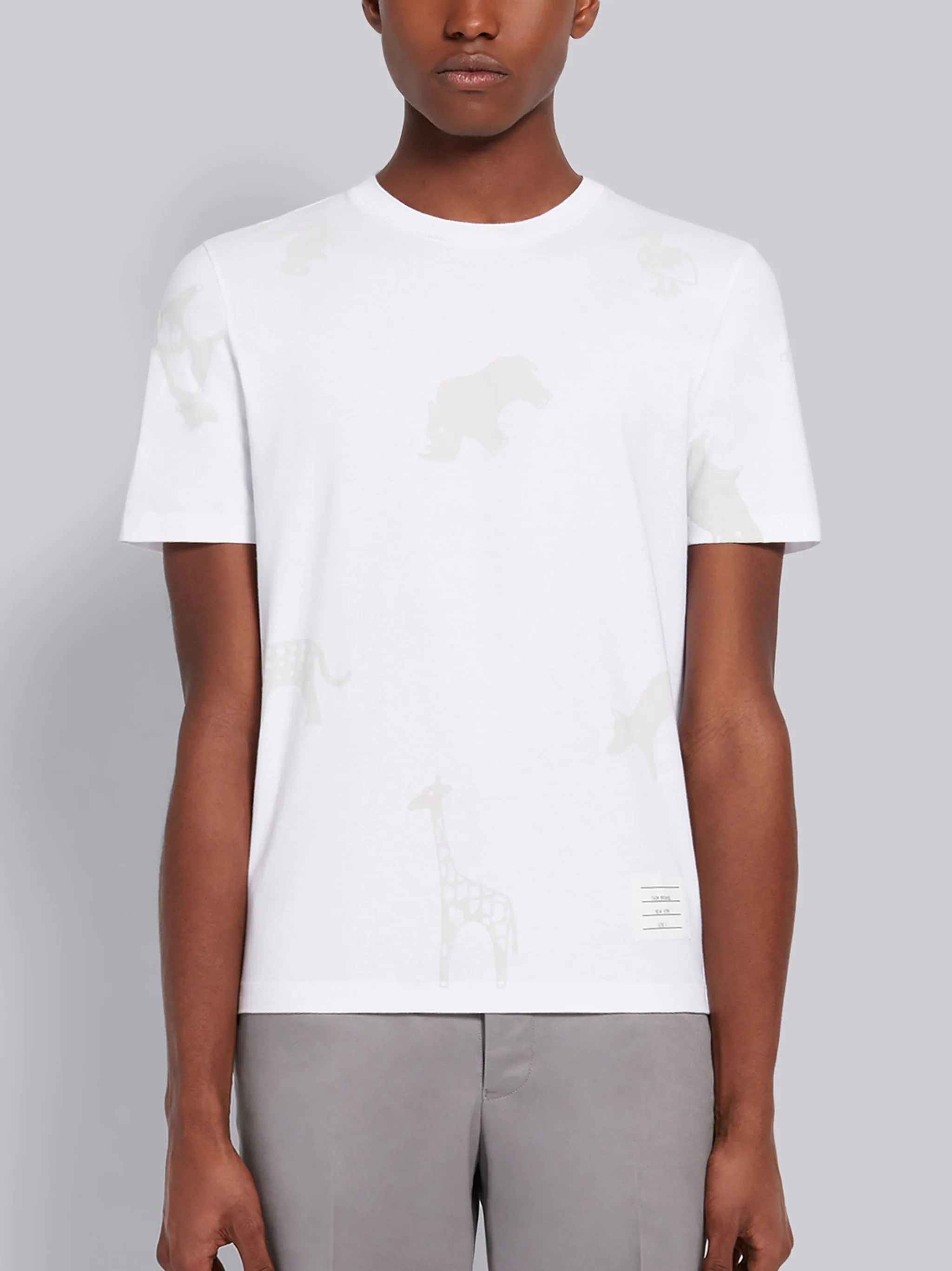 White Cotton Jersey Tonal Multi-Animal Icon Print Short Sleeve Tee - 1