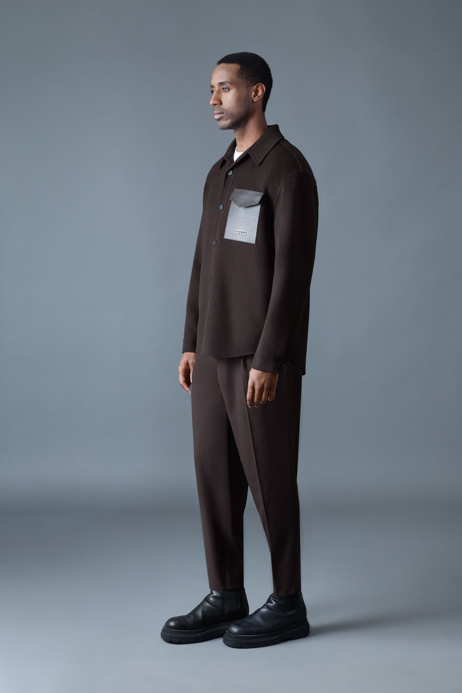 EMMANUEL Double-face wool overshirt with leather patch pocket - 3