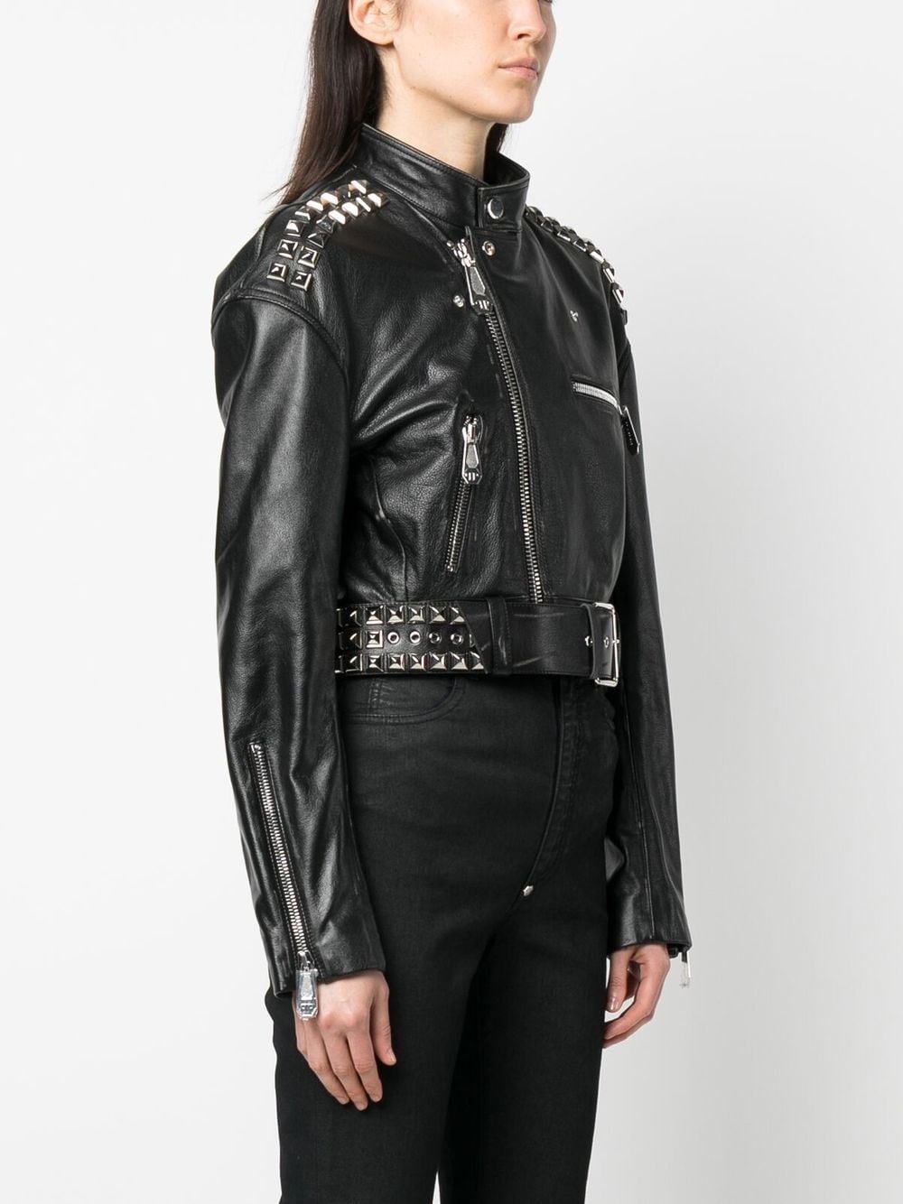 rock-stud cropped leather jacket - 3