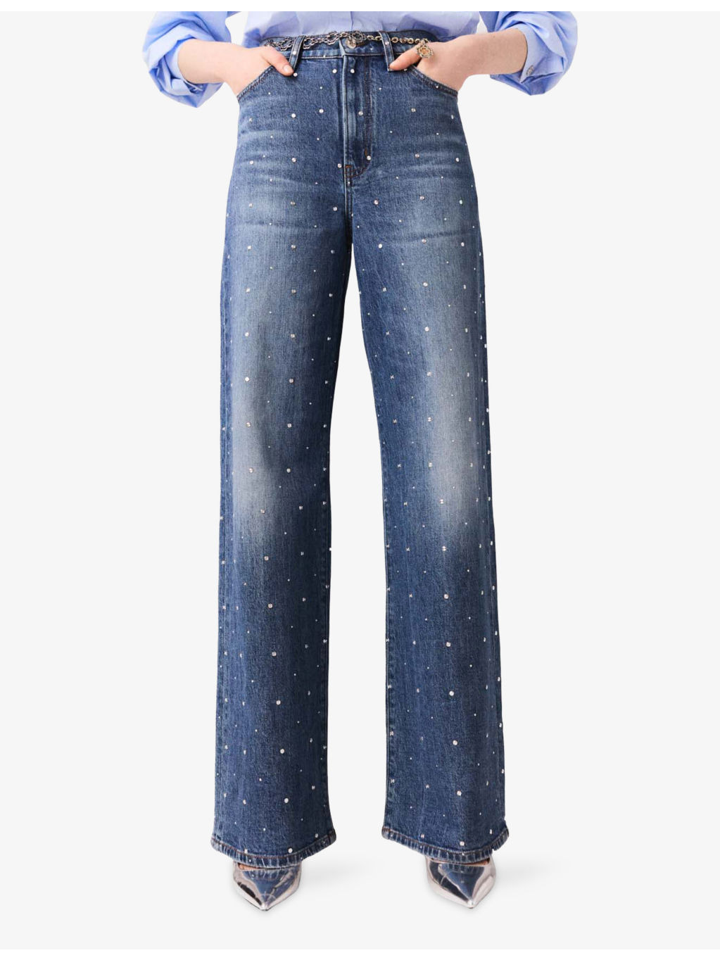 Stud-Embellished Wide-Leg High-Rise Stretch-Denim Jeans - 3