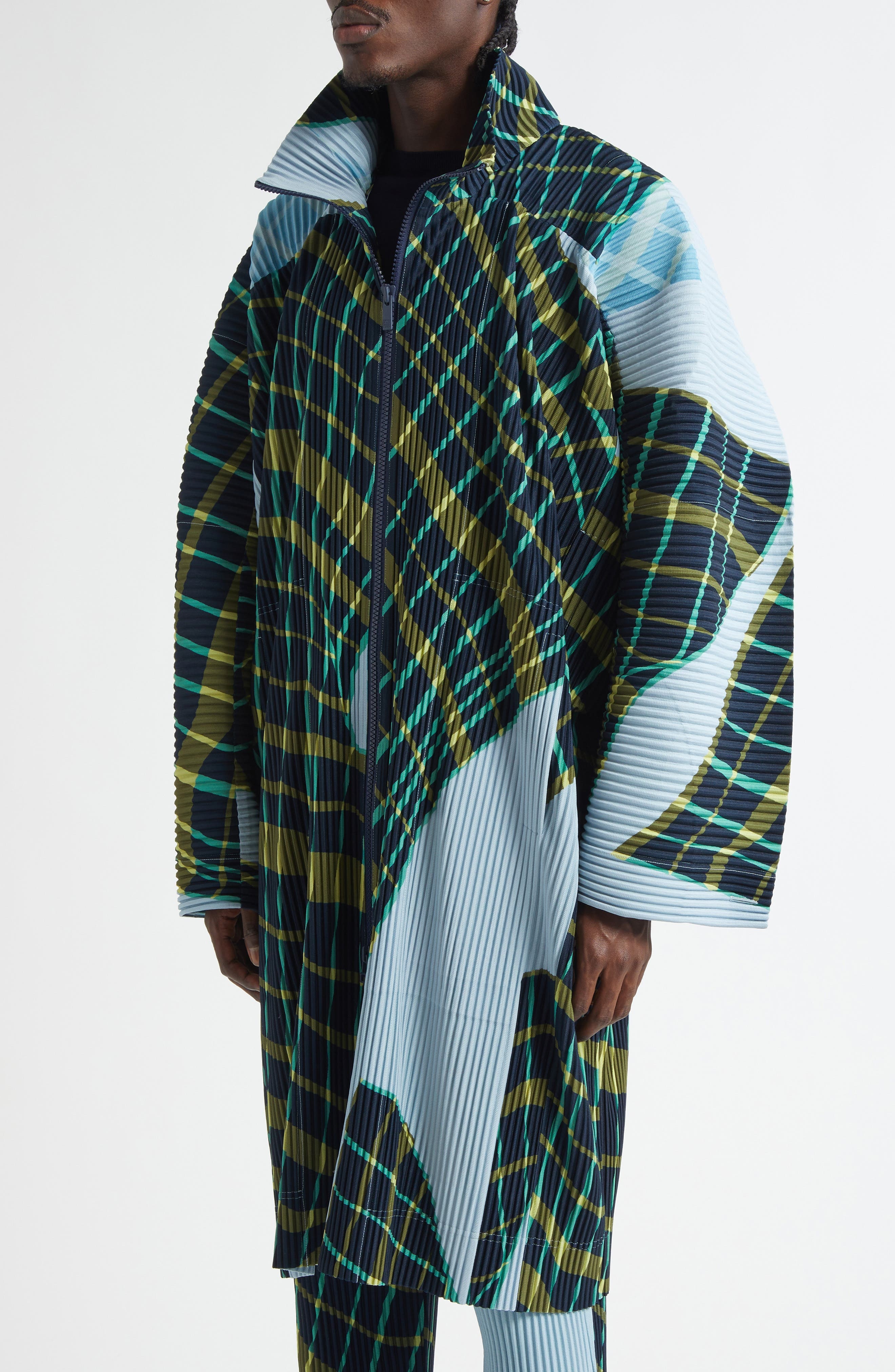 Homme Plissé Issey Miyake Windswept Plaid Pleated Coat in Blue Gray at Nordstrom - 5