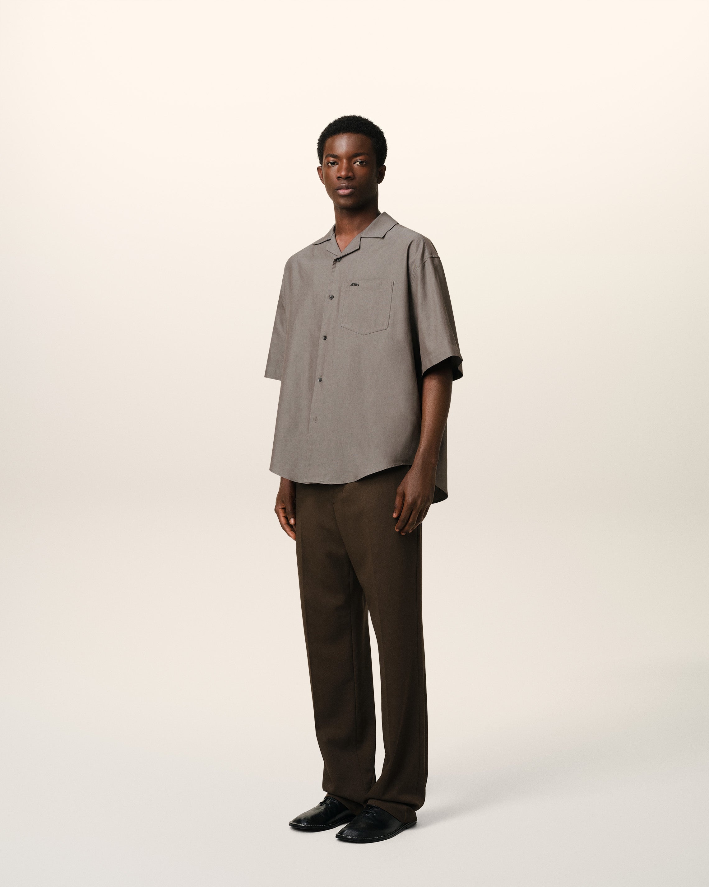 TAUPE COTTON SHORT SLEEVE BOXY SHIRT - 6