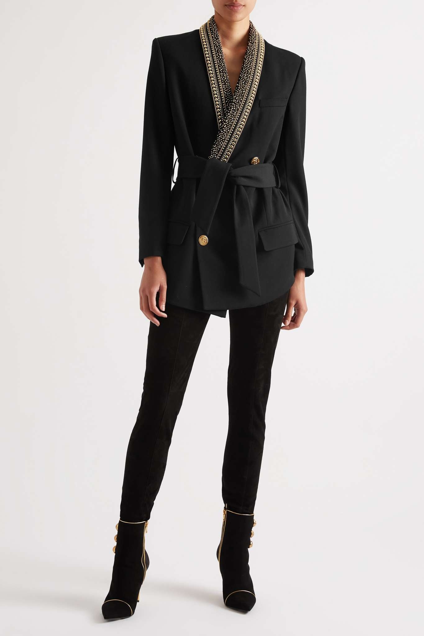 Belted studded double-breasted grain de poudre wool blazer - 3