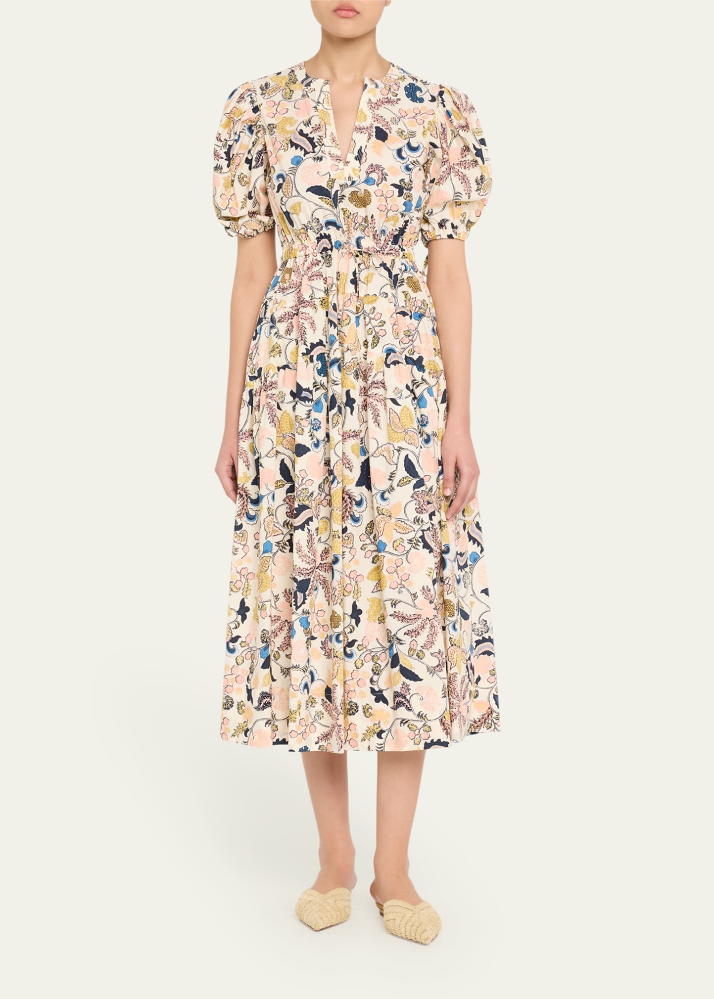 Adriana Puff-Sleeve V-Neck Midi Dress - 2