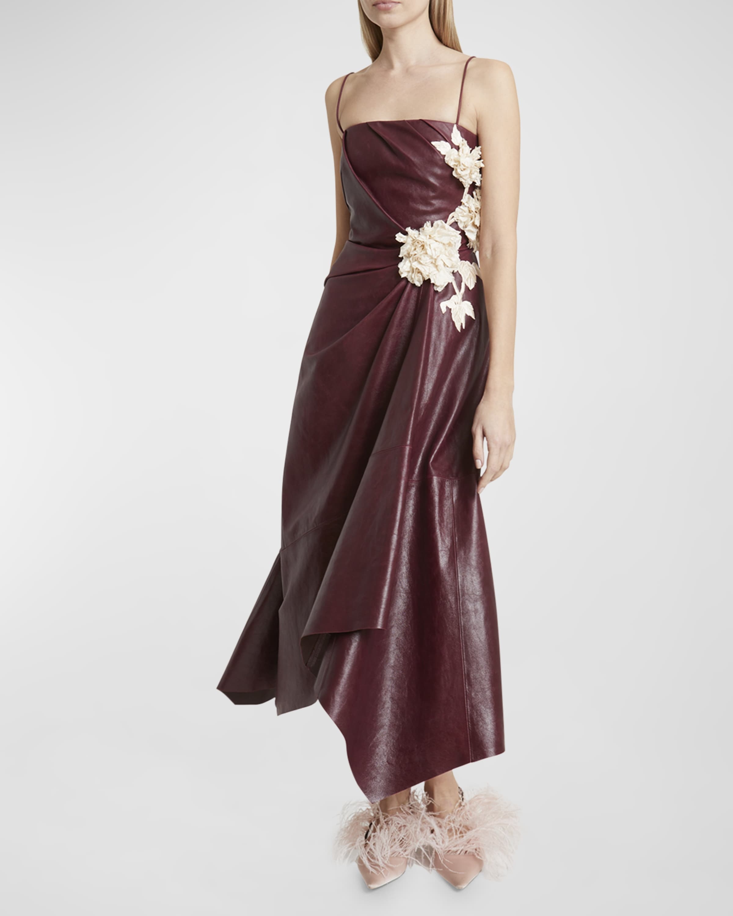 Leather Asymmetric Draped Floral Applique Dress - 2