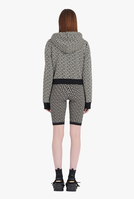 Cropped hooded cotton sweatshirt with ivory and black Balmain monogram - 3