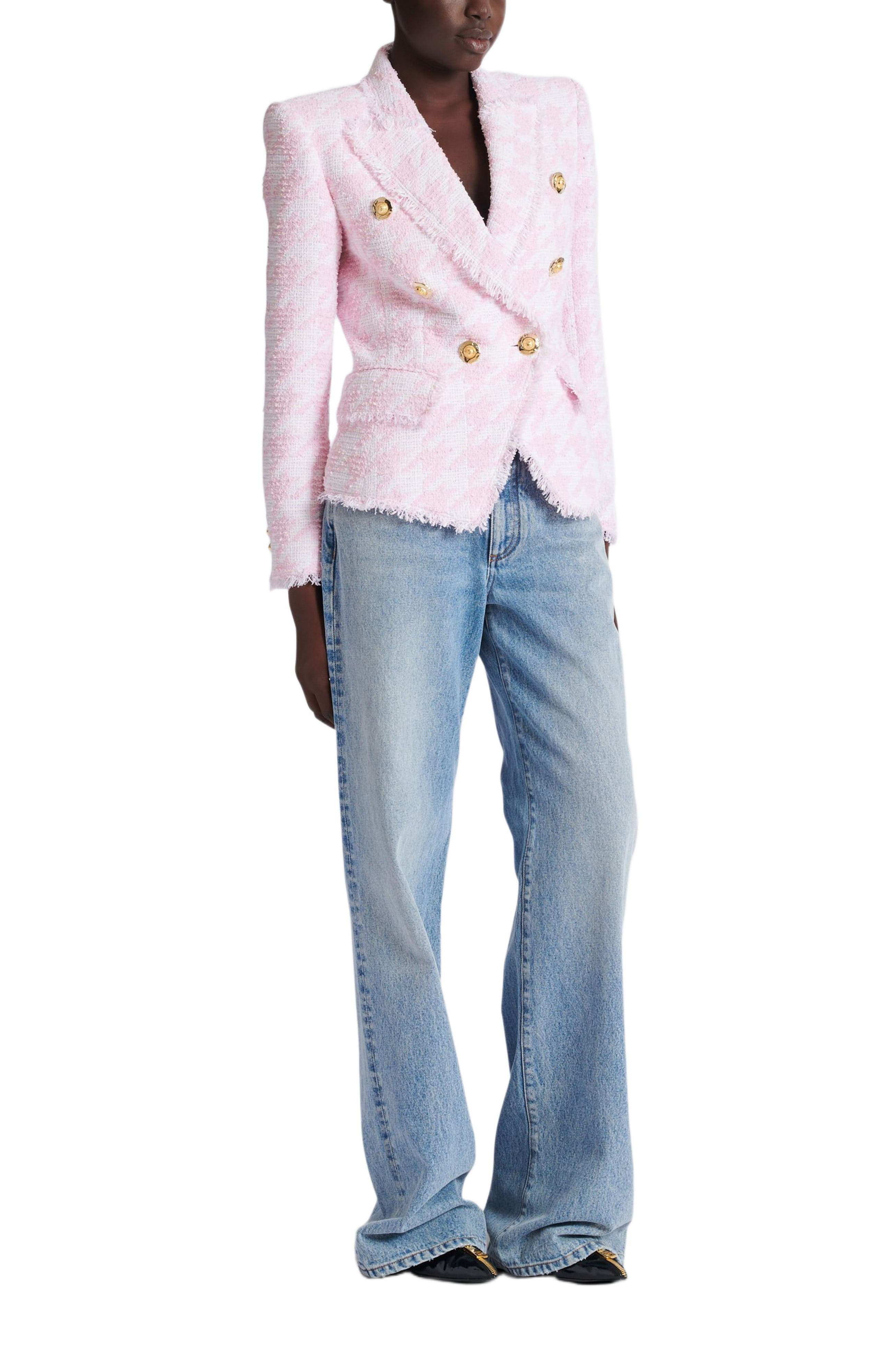 Balmain 6-button houndstooth tweed fitted jacket in Pink at Nordstrom - 1