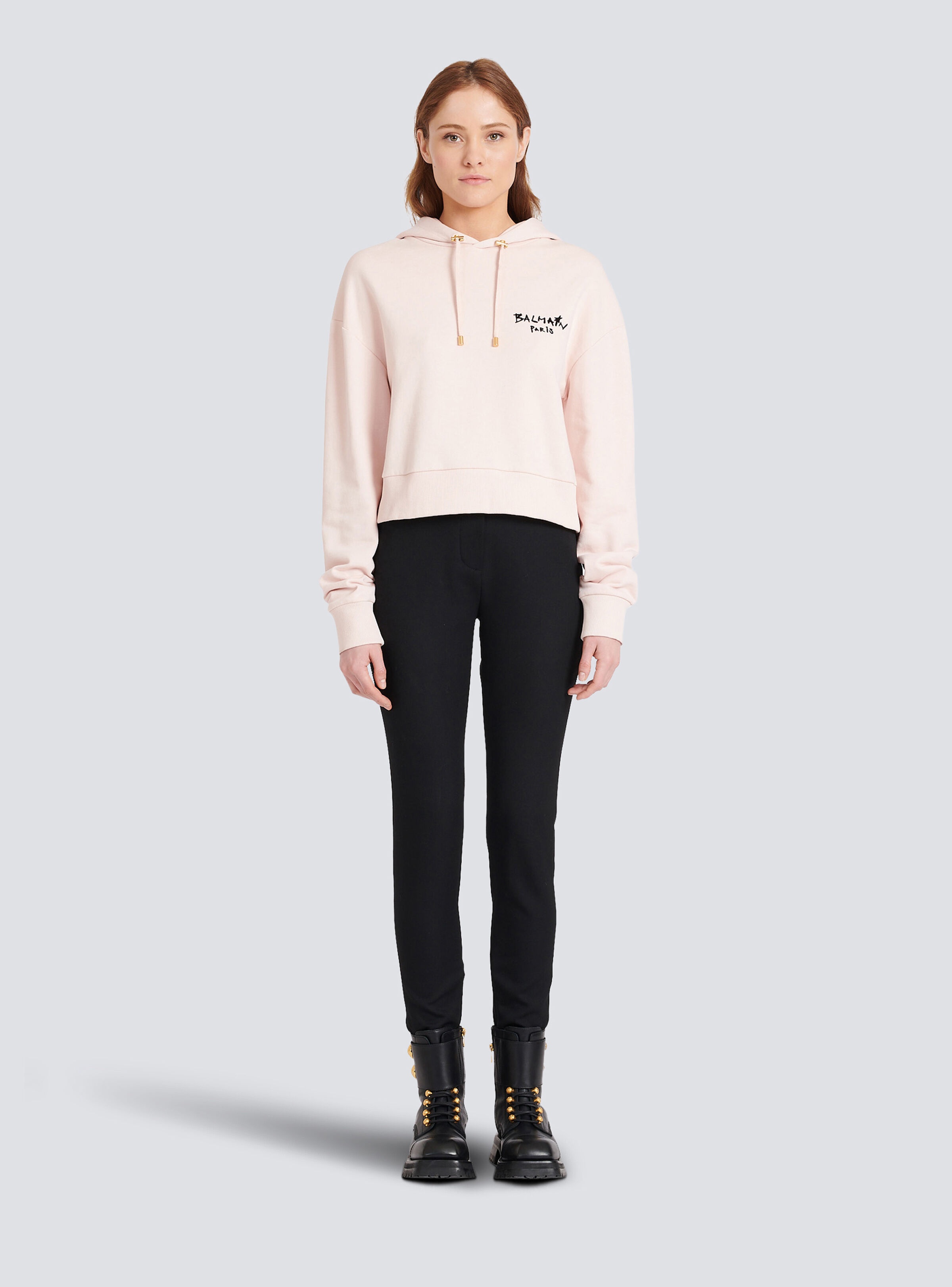 Cropped eco-design cotton sweatshirt with flocked graffiti Balmain logo - 4