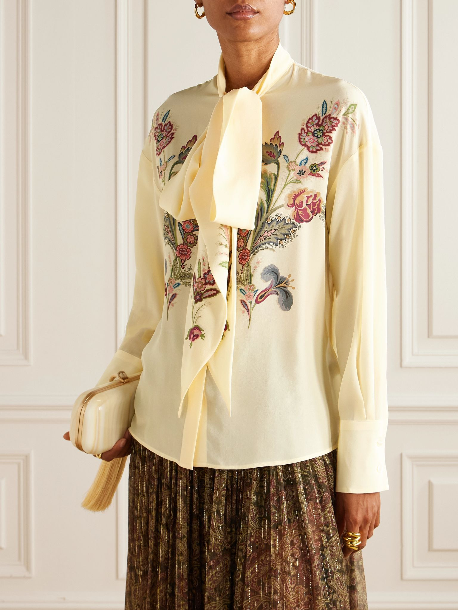 Pussy-bow floral-print silk-chiffon blouse Cream - 3