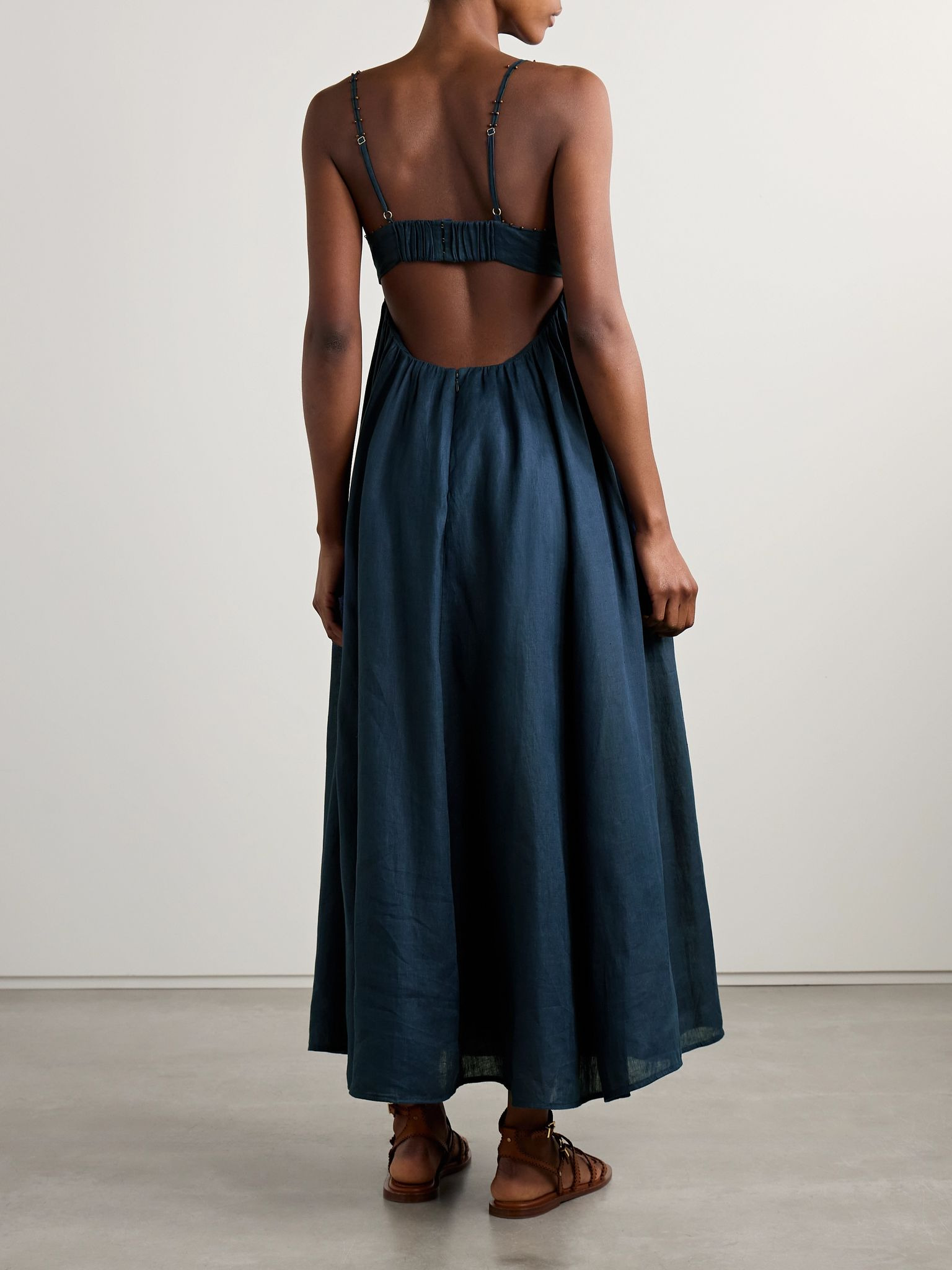 Ascension bead-embellished cutout pleated linen midi dress Navy - 3