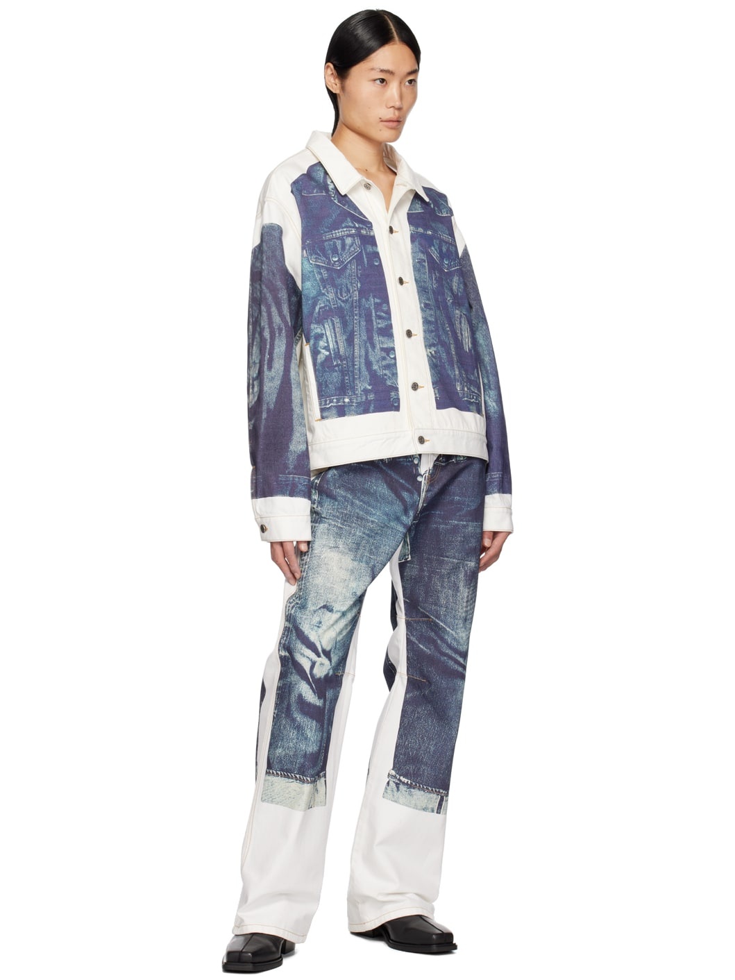 White & Blue Trompe L'œil Denim Jacket - 4