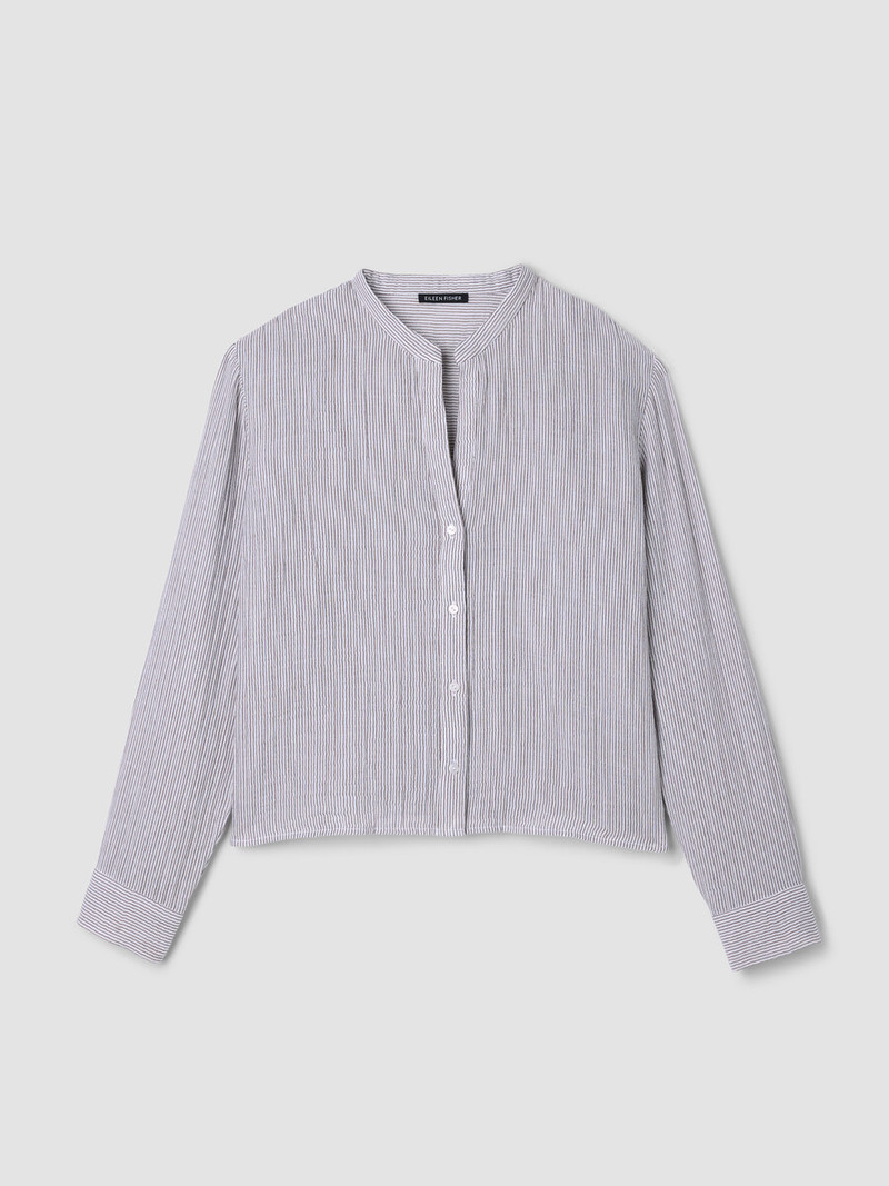 Striped Organic Cotton Gauze Band Collar Shirt 1