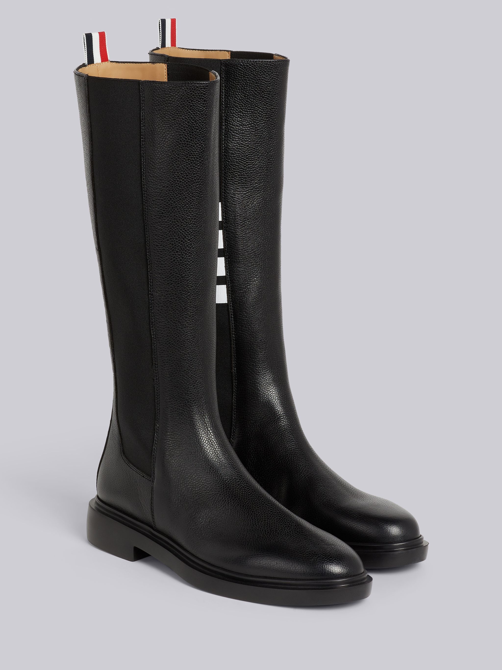 Black Pebble Grain Leather 4-Bar Lightweight Rubber Sole Knee High Chelsea  Boot